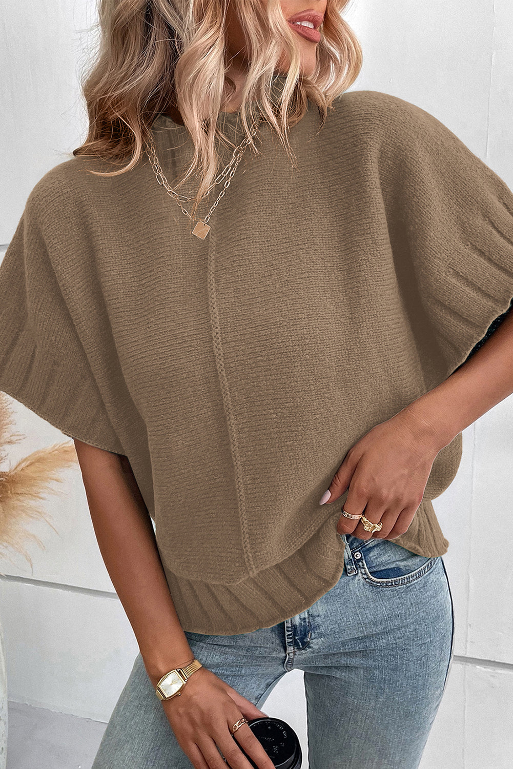 Blackish Green Mock Neck Batwing Short Sleeve Knit Sweater eAura