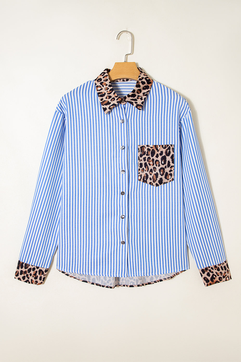 Striped Leopard Print Patchwork Button Up Shirt - eAura