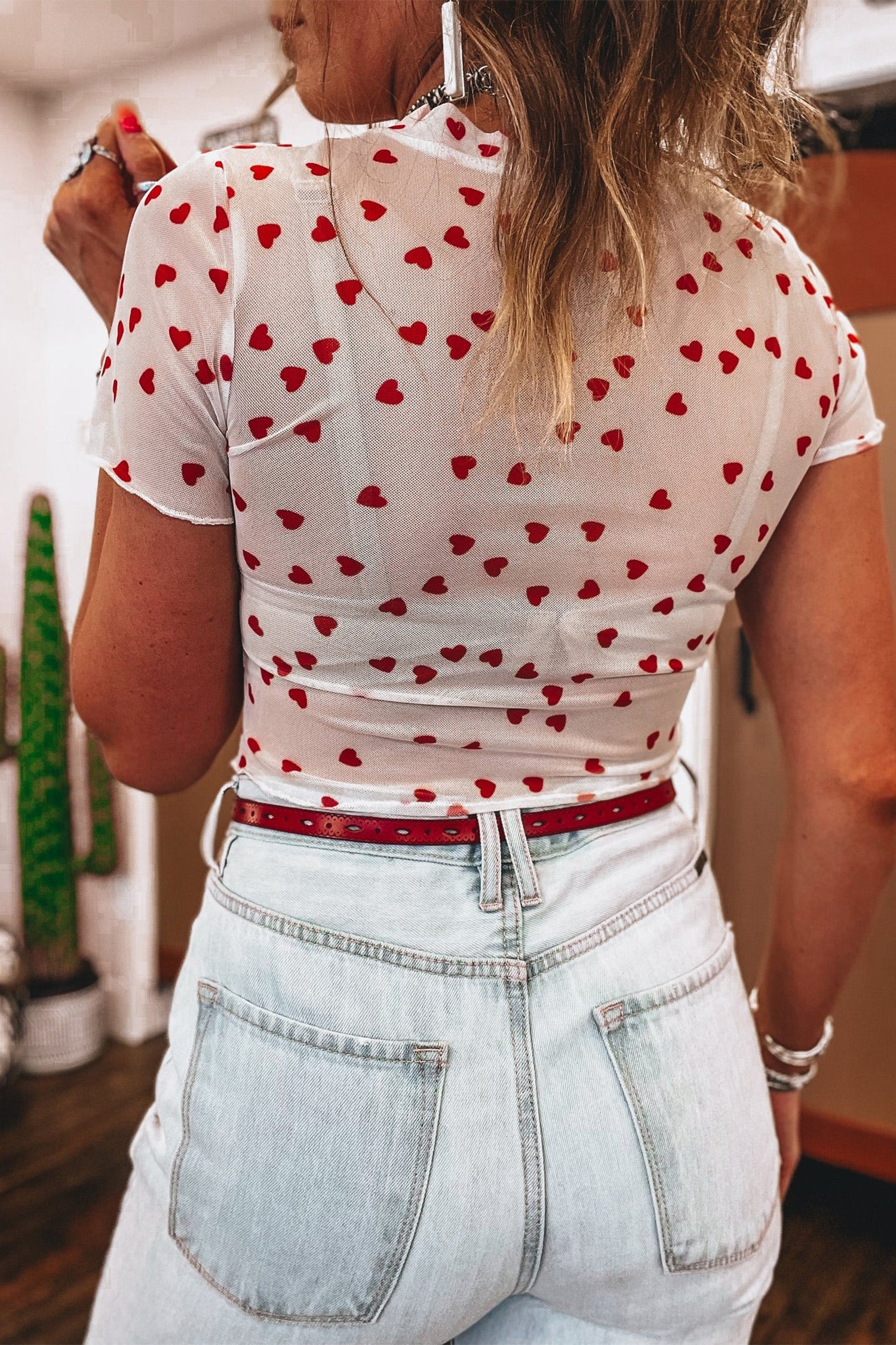 Heart Print Mesh Short Sleeve Cropped Top - Tops/Tops & Tees