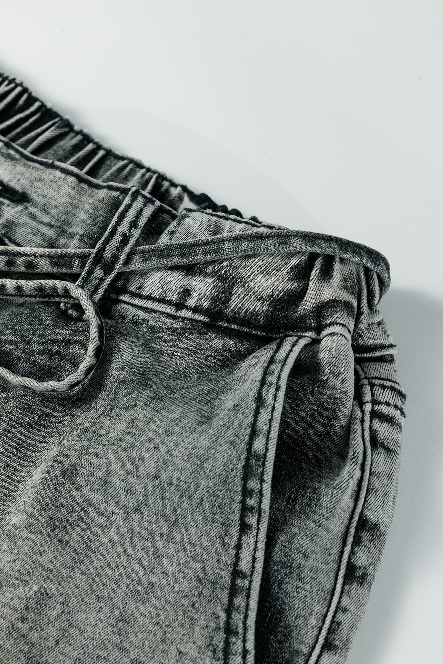 Gray Acid Wash Tie Waist Denim Pants