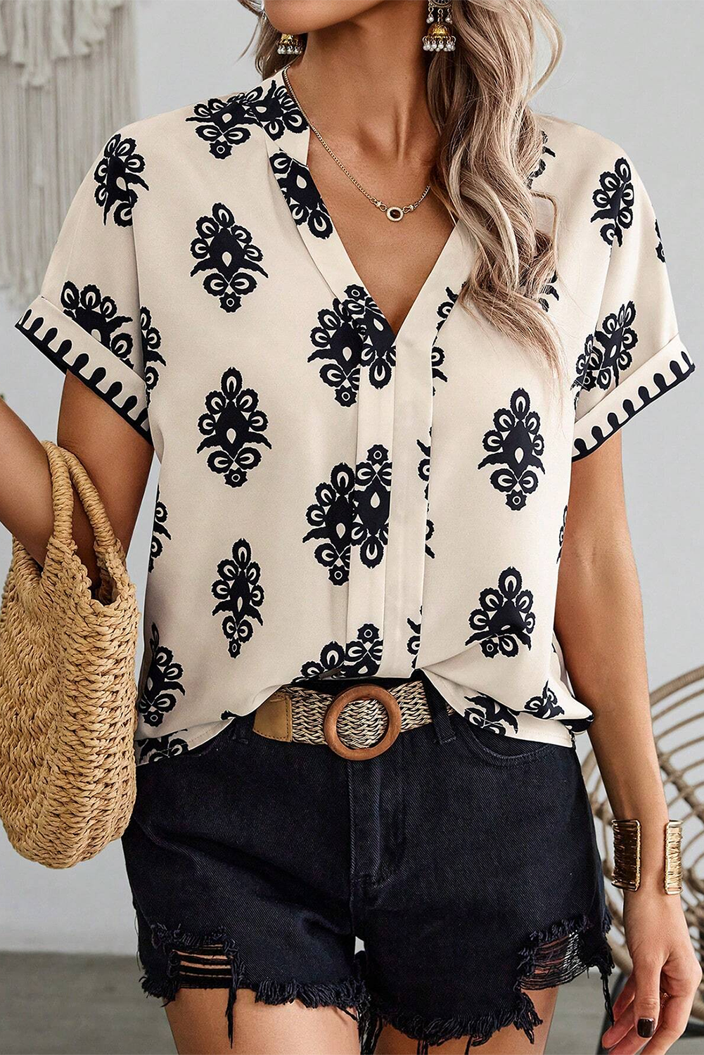 Black Geometric Print Short Sleeve V Neck Blouse eAura