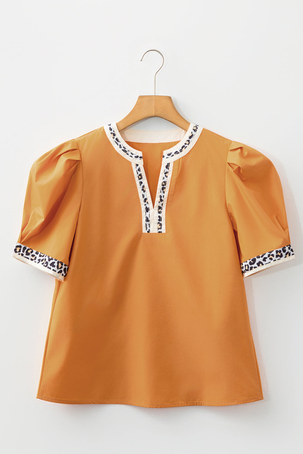 Contrast Leopard Trim Split Neck Puff Sleeve Blouse - eAura