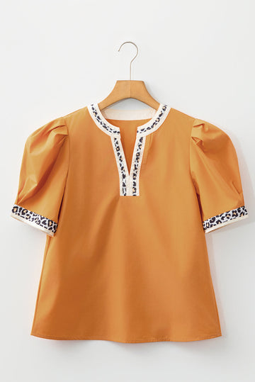 Contrast Leopard Trim Split Neck Puff Sleeve Blouse - Tops/Blouses & Shirts