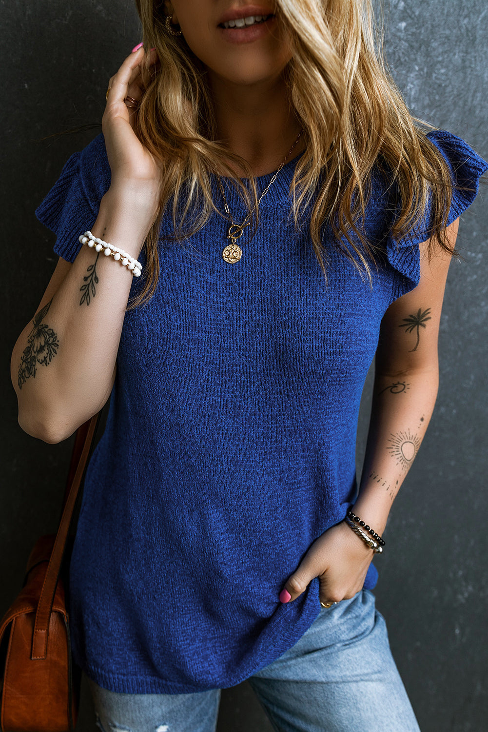 Dark Blue Ruffle Sleeve Knitted Sweater Top eAura