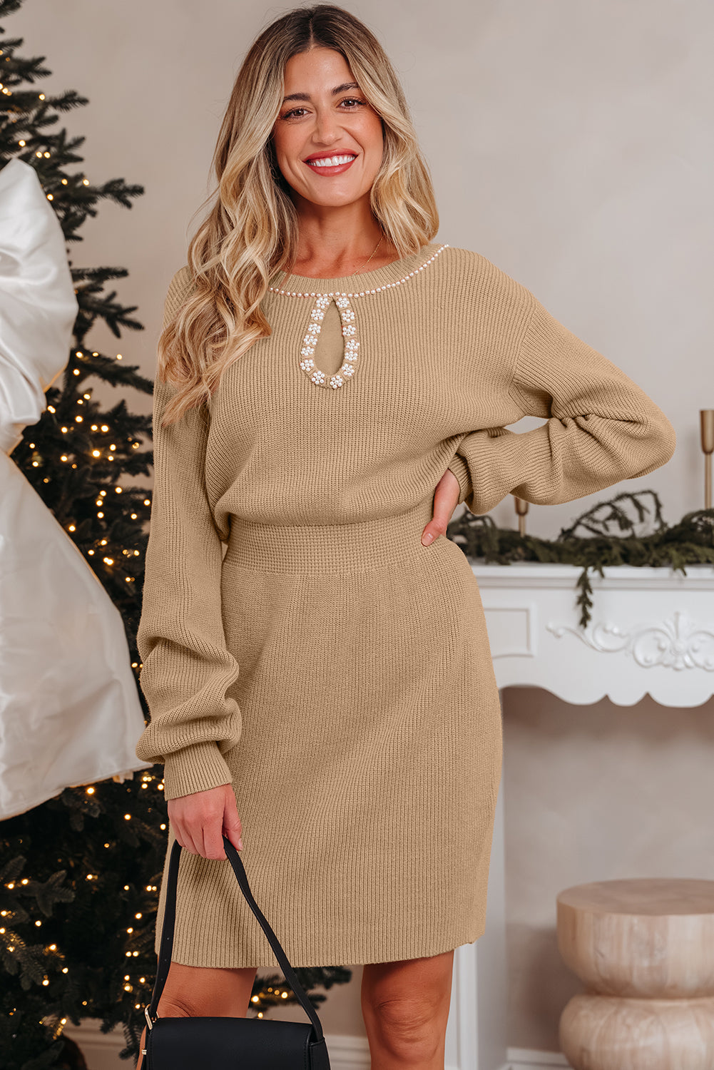 Pearl Embellished Keyhole Ribbed Sweater Dress - eAura