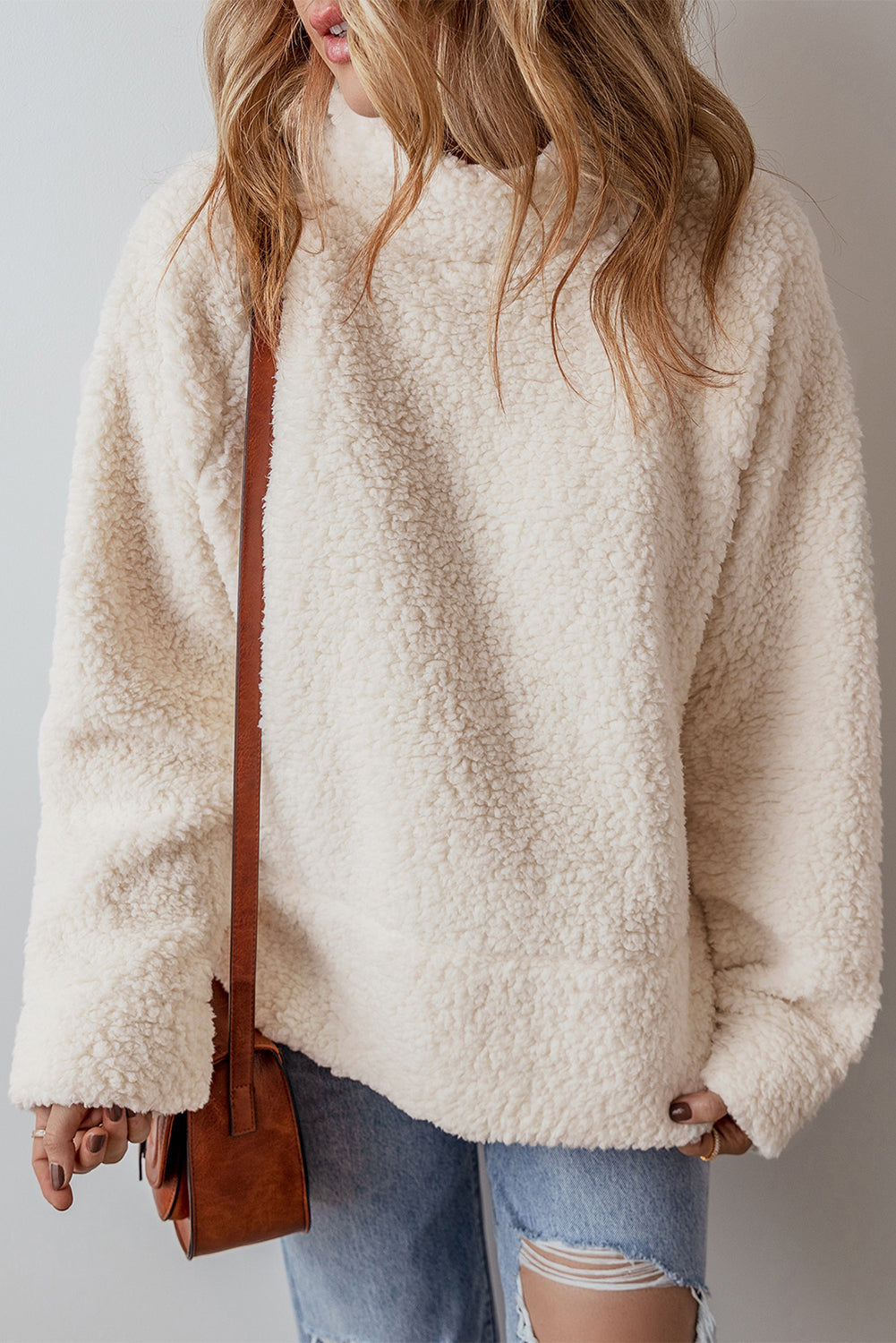 White Solid Fleece High Neck Drop Shoulder Pullover Sweatshirt eAura