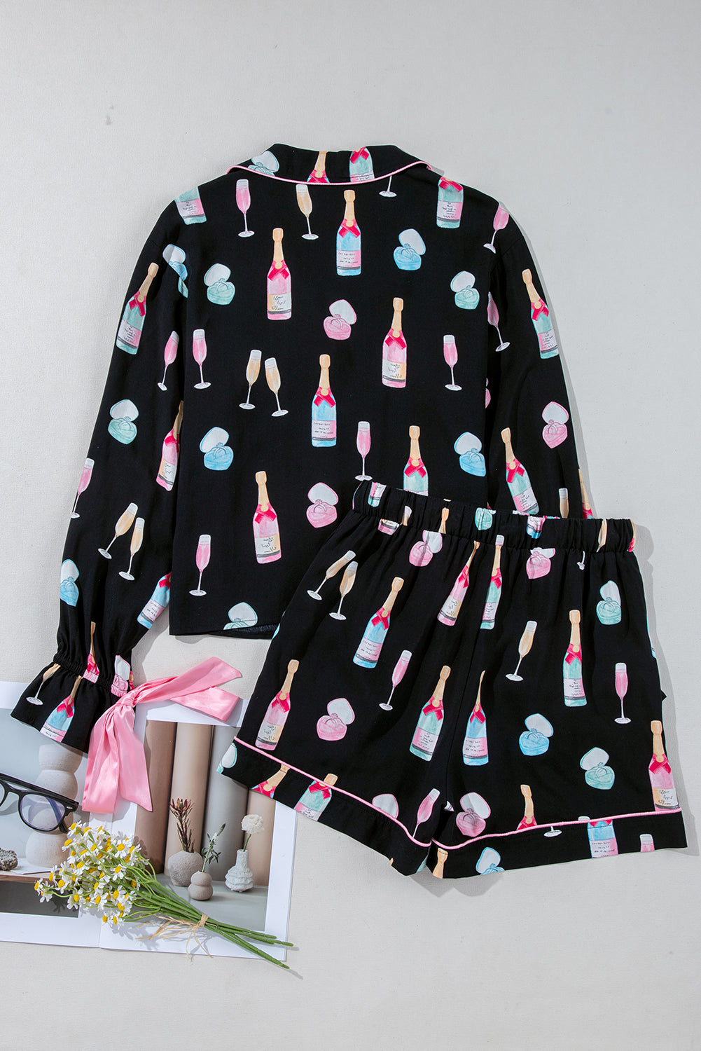 Christmas Wine Glass Print Bow Knot Two Piece Pajama Set – Color Black
