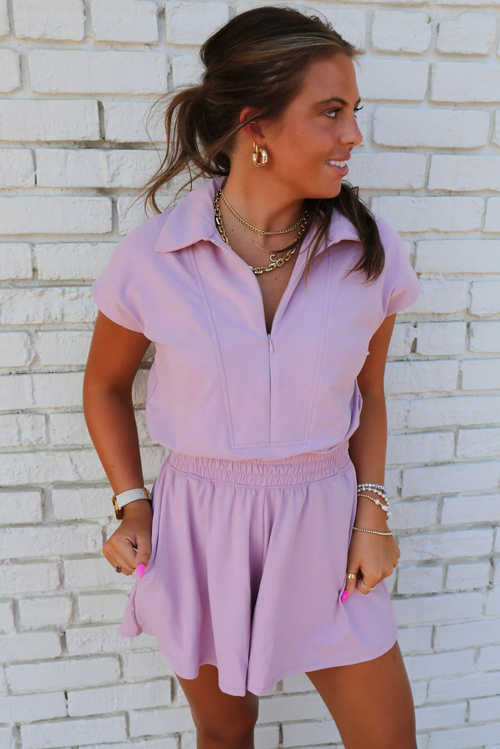 Orchid Bouquet Short Sleeve Zipper Collared Elastic High Waist Romper eAura