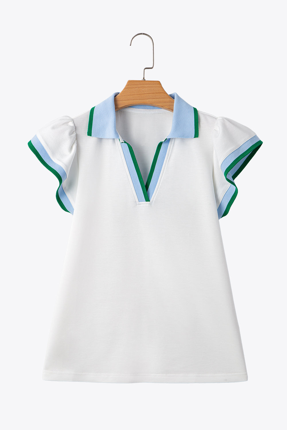 Contrast Ruffled Sleeve Collared V-Neck Blouse eAura
