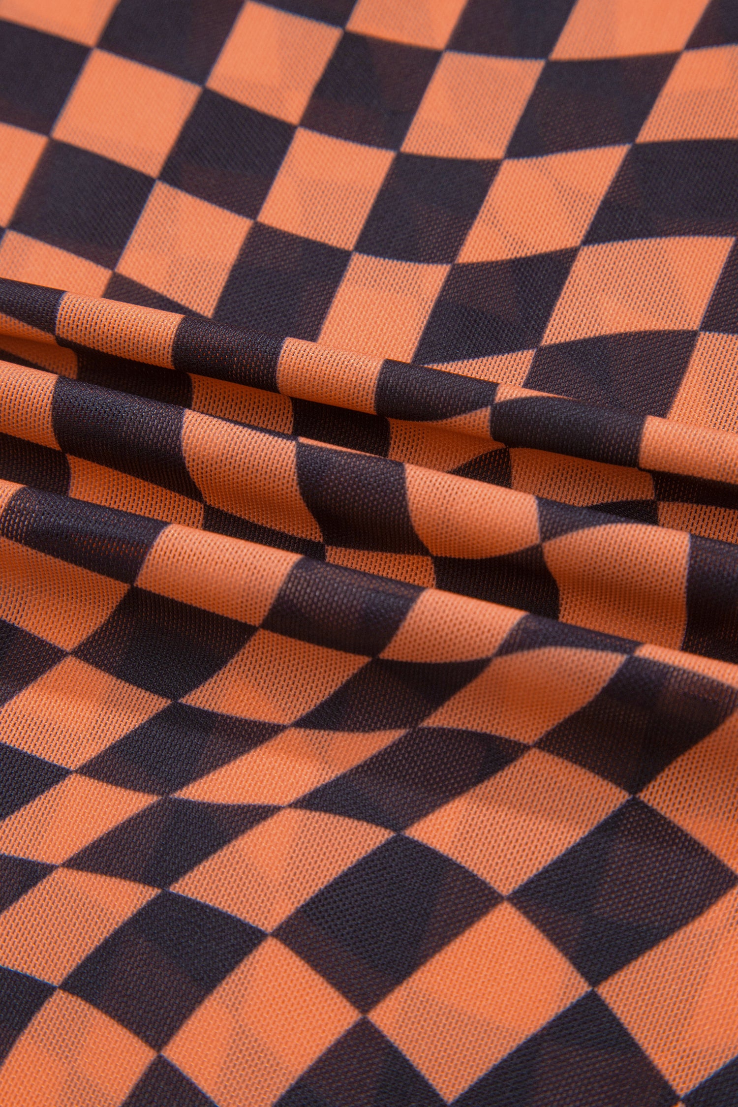 Checkered Print Crew Neck Mesh T-Shirt – Orange, Khaki, Black & Purple