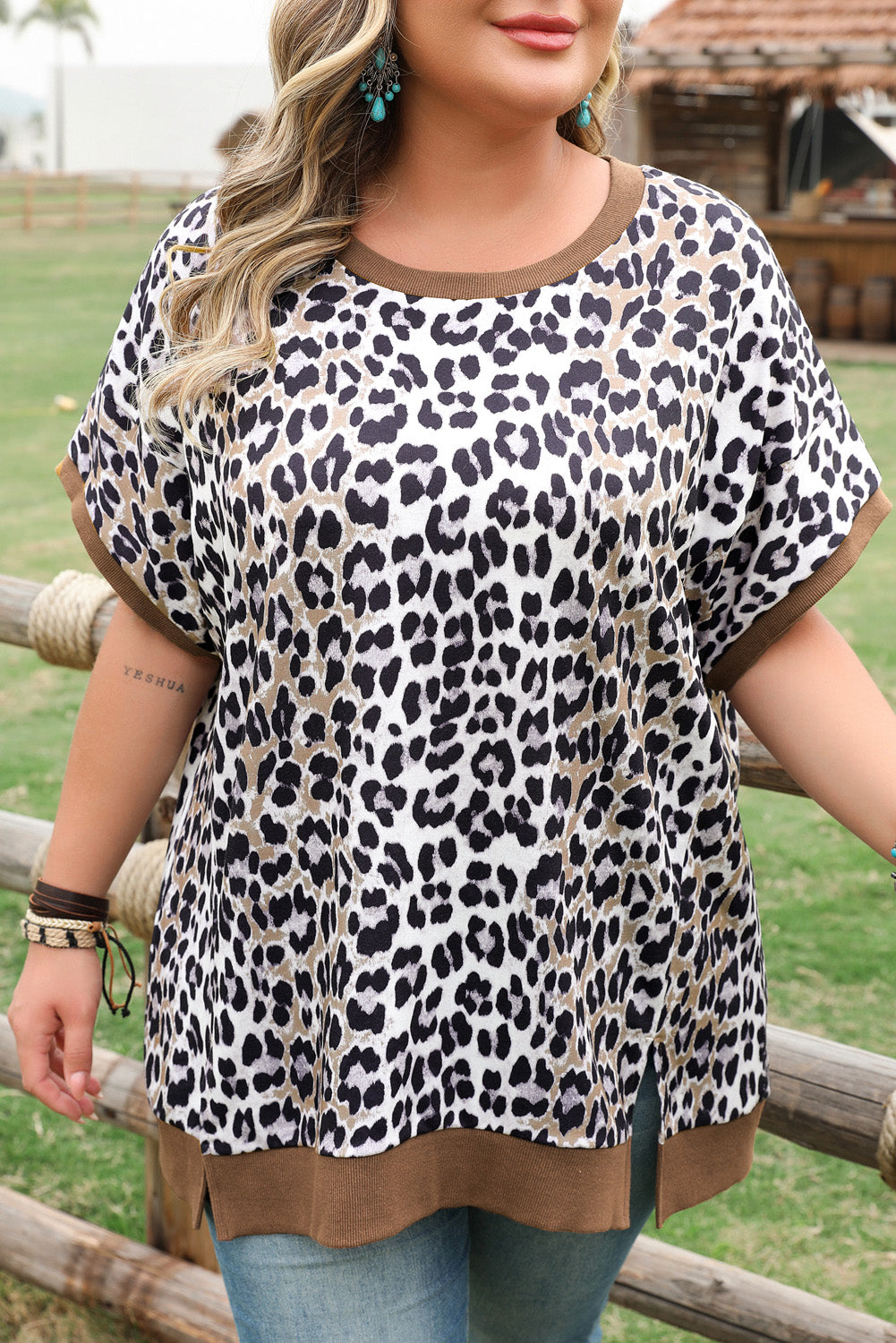 Khaki Leopard Contrast Trim Short Sleeve Loose Plus Size Top BB Fashion Outlet