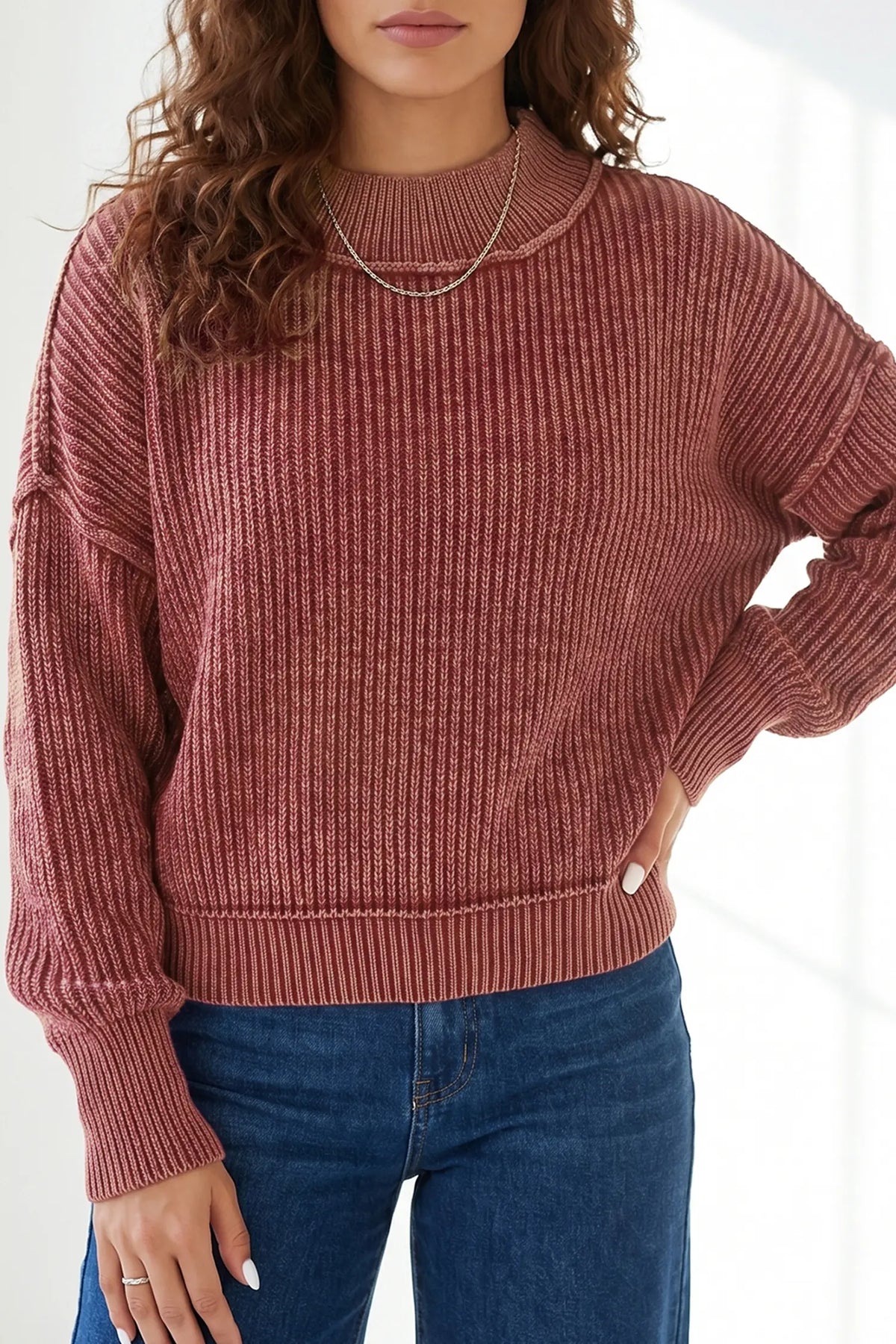 Red Dahlia Drop Shoulder High Neck Ribbed Sweater – Burgundy