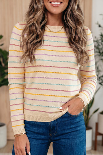 Colorful Stripes Crew Neck Knit Sweater – Beige Stripe