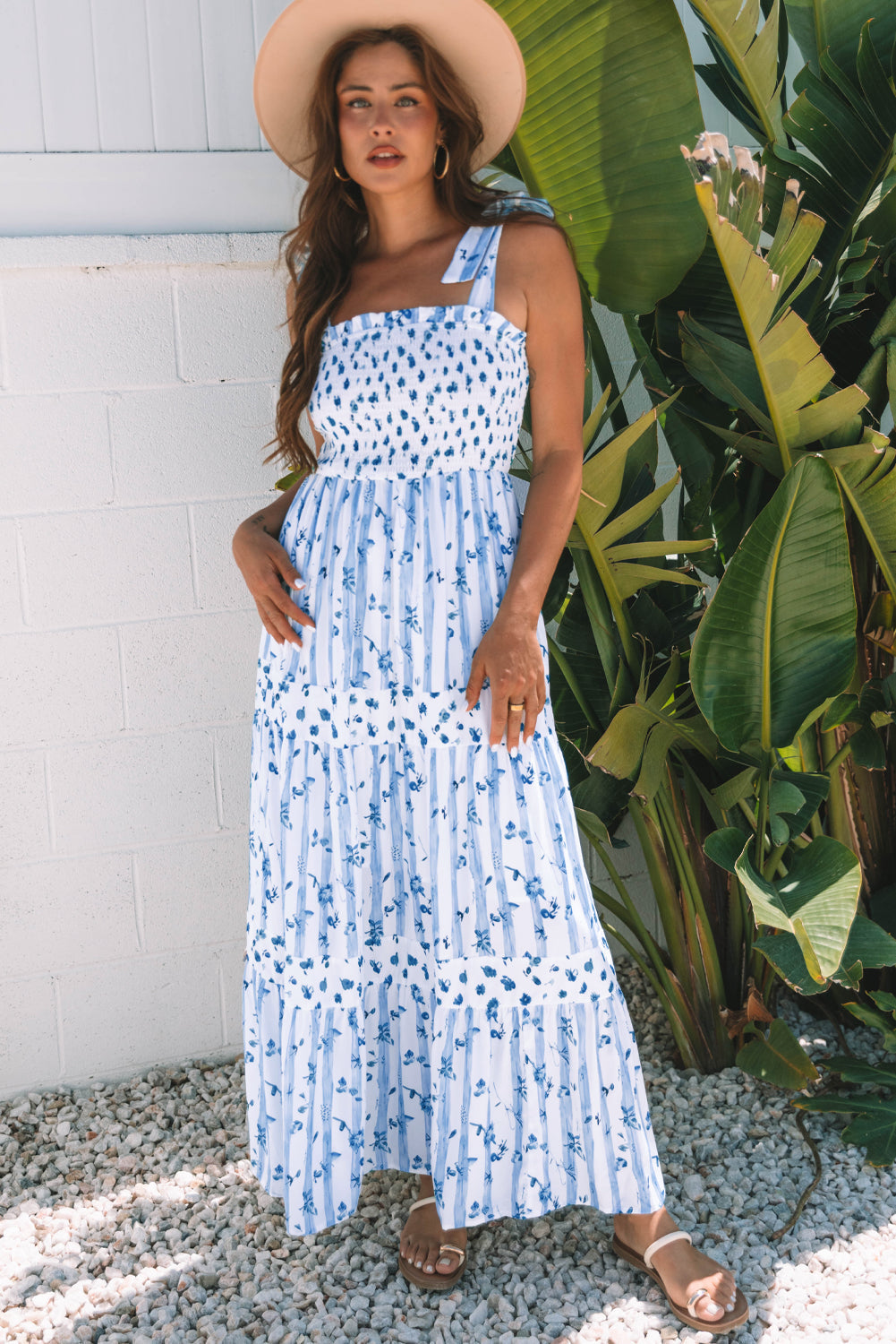 Sky Blue Floral Smocked Tied Straps A-Lined Tiered Maxi Dress eAura