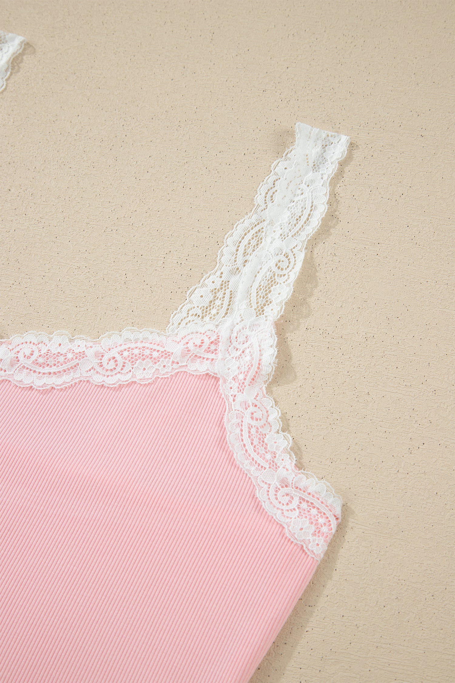 Ribbed Knit Lace Straps Patchwork Lettuce Hem Cropped Top Floral Short Lounge Set – Pink