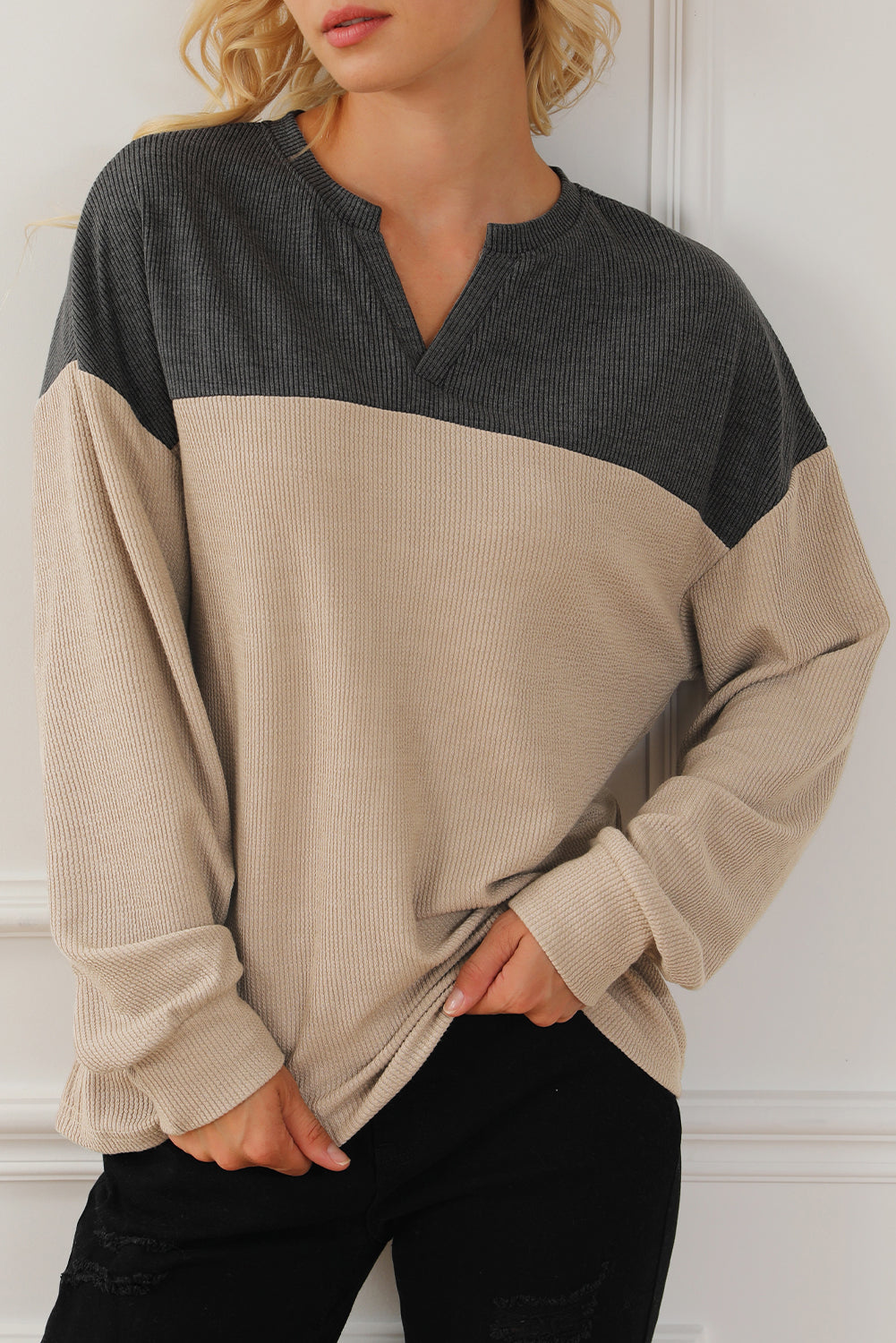 Carbon Grey Notched Neck Colourblock Ribbed Sweatshirt eAura