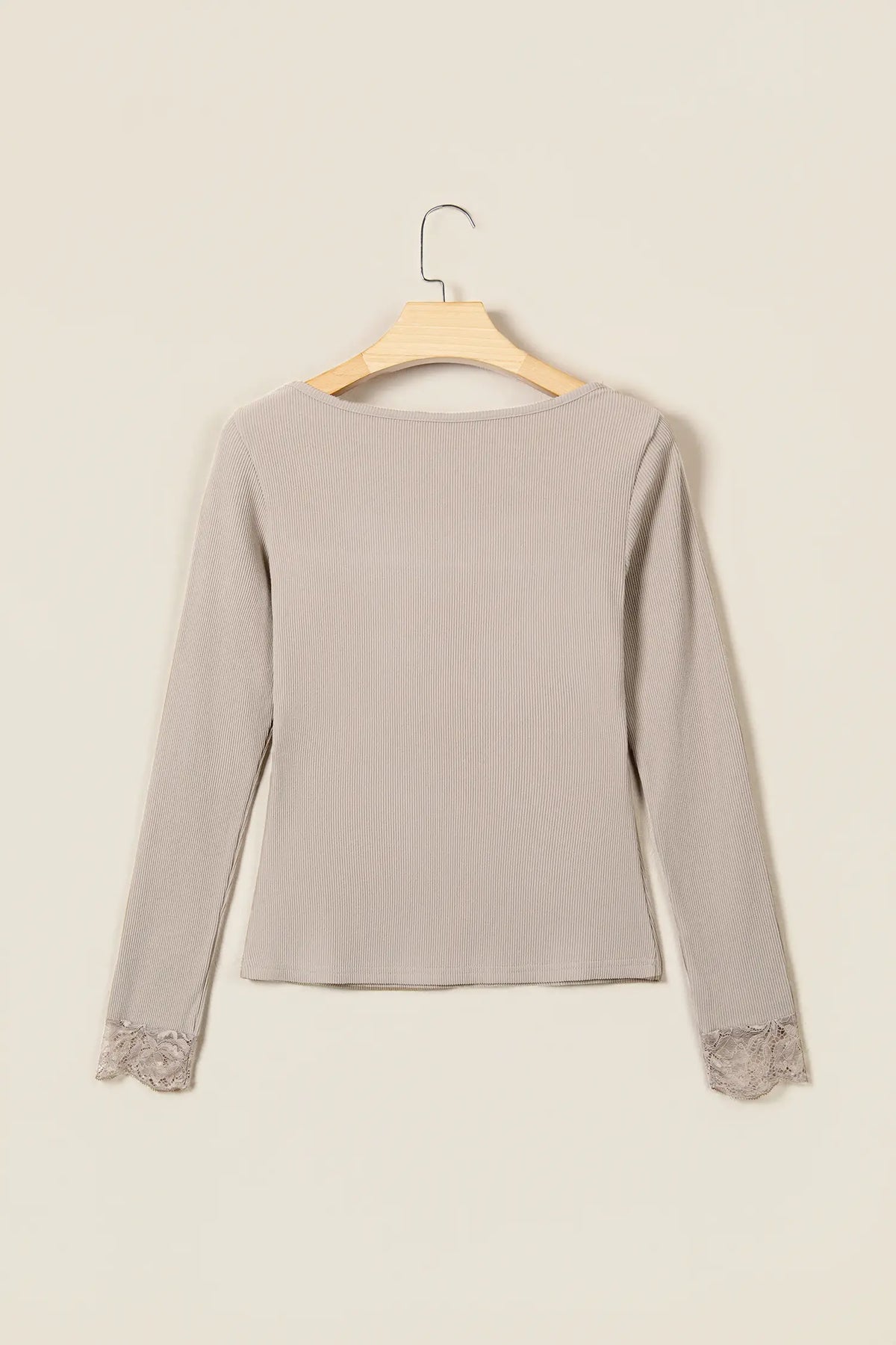 Solid Colour Ribbed Lace Neck Long Sleeve Top – Dune