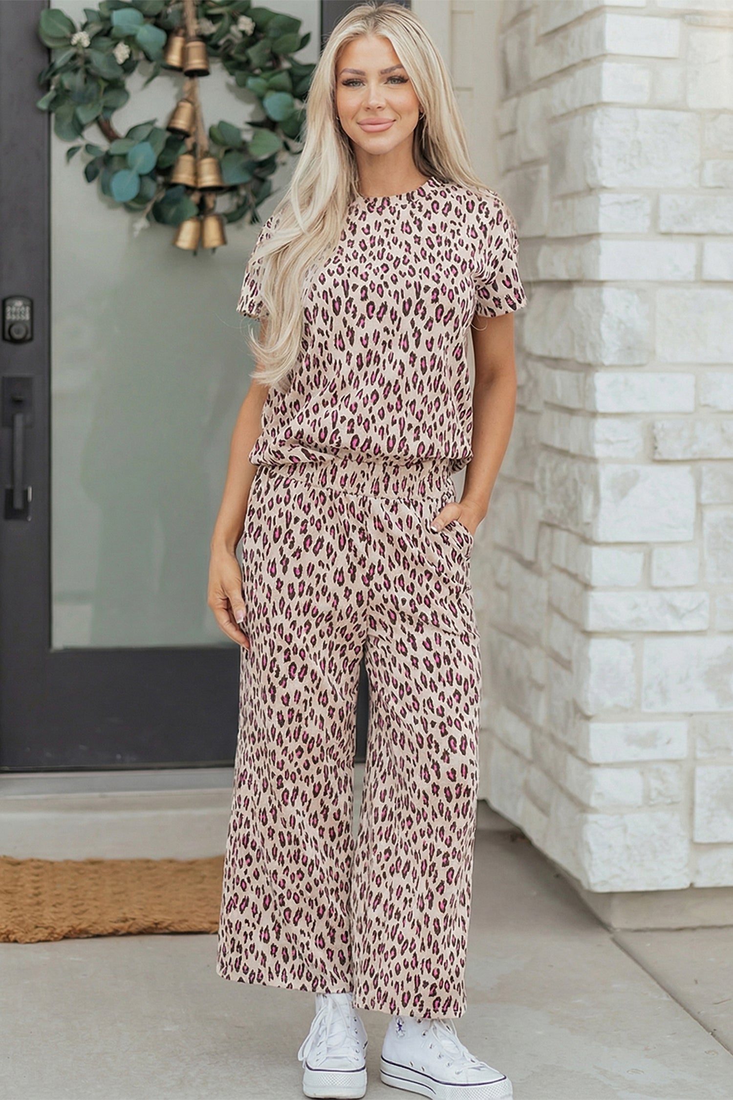 Leopard Print Casual Tee and Pants Co-ord Set