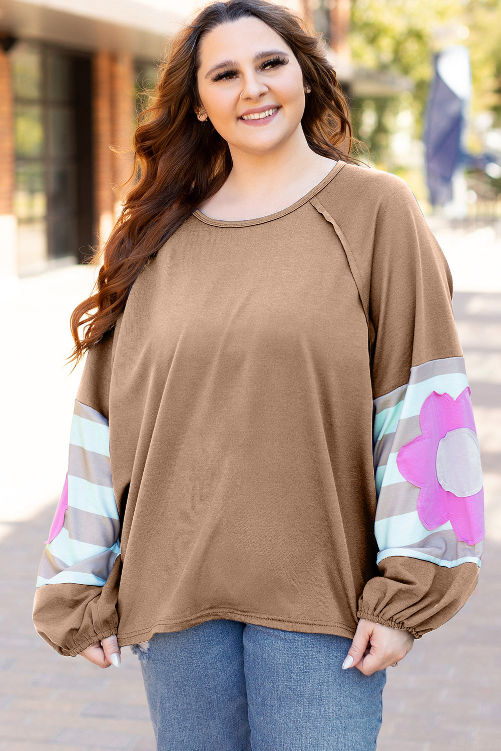 Flower Patchwork Raglan Sleeve Exposed Seam Oversized Top eAura