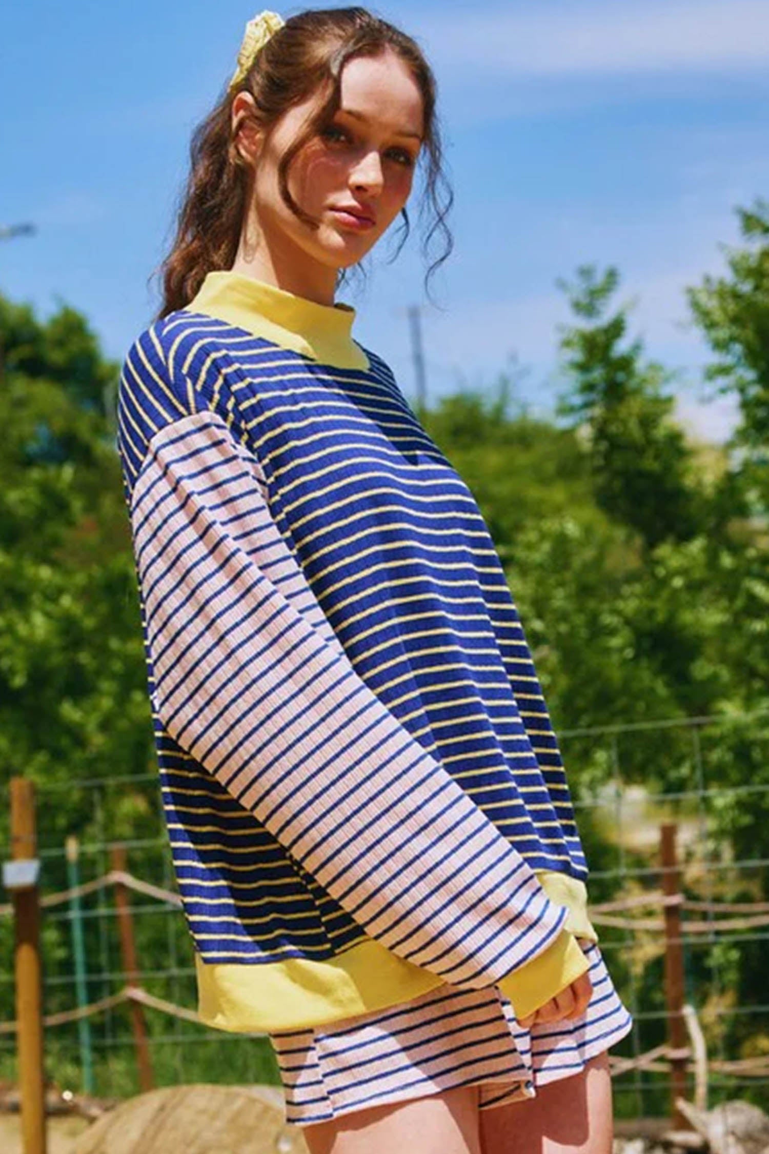 Color Block Long Sleeve Pullover Ribbed Knit Casual Shorts Set – Blue Stripe