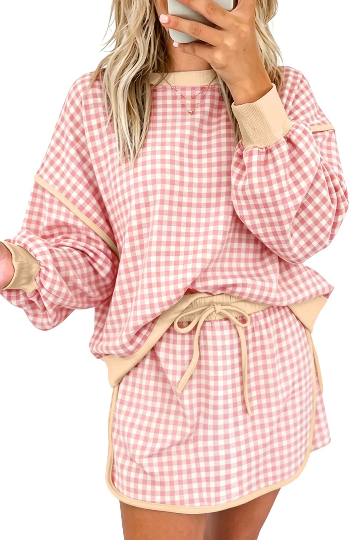 Co-ord Oversized Ribbed Trim Crew Neck Long Sleeve Top and Skort Set