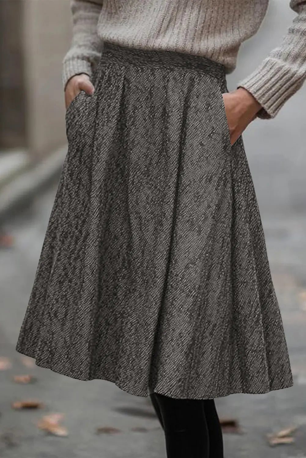 Solid Colour Textured Pleated Midi Skirt – Brown