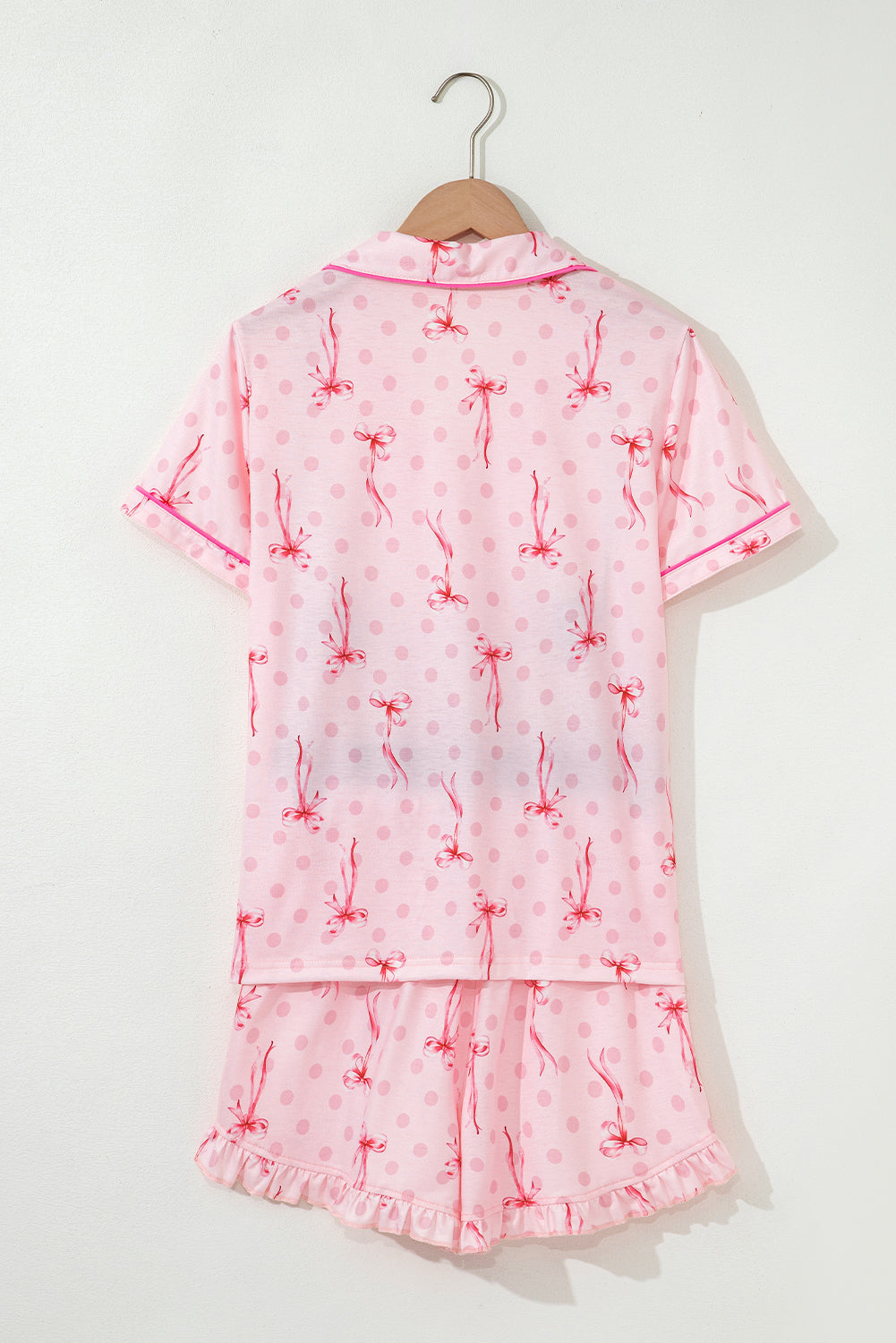Pink Bow Print Contrast Pipping Short Pyjamas Set eAura