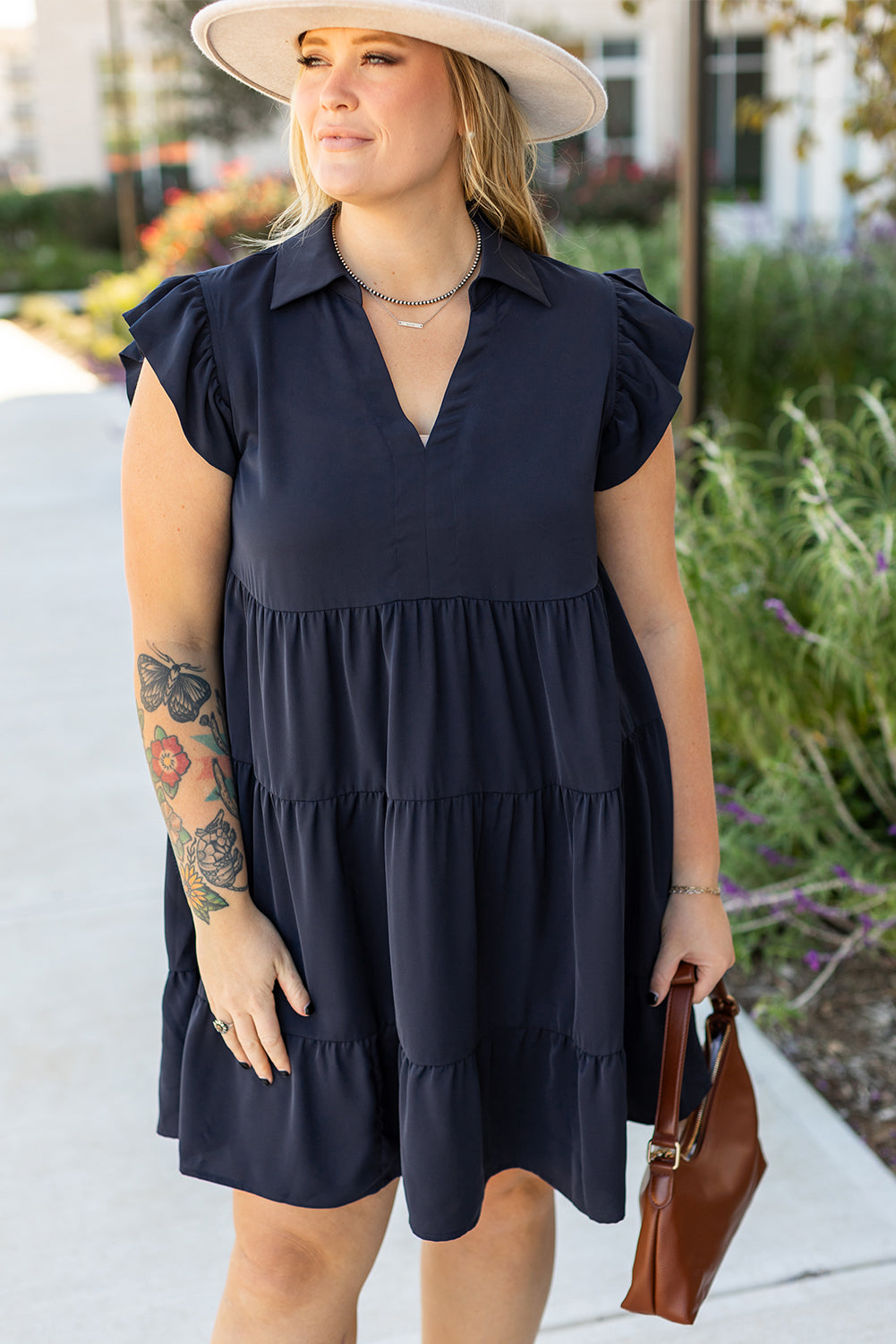 Navy Blue Collared V Neck Flutter Sleeve Tiered Plus Size Dress BB Fashion Outlet