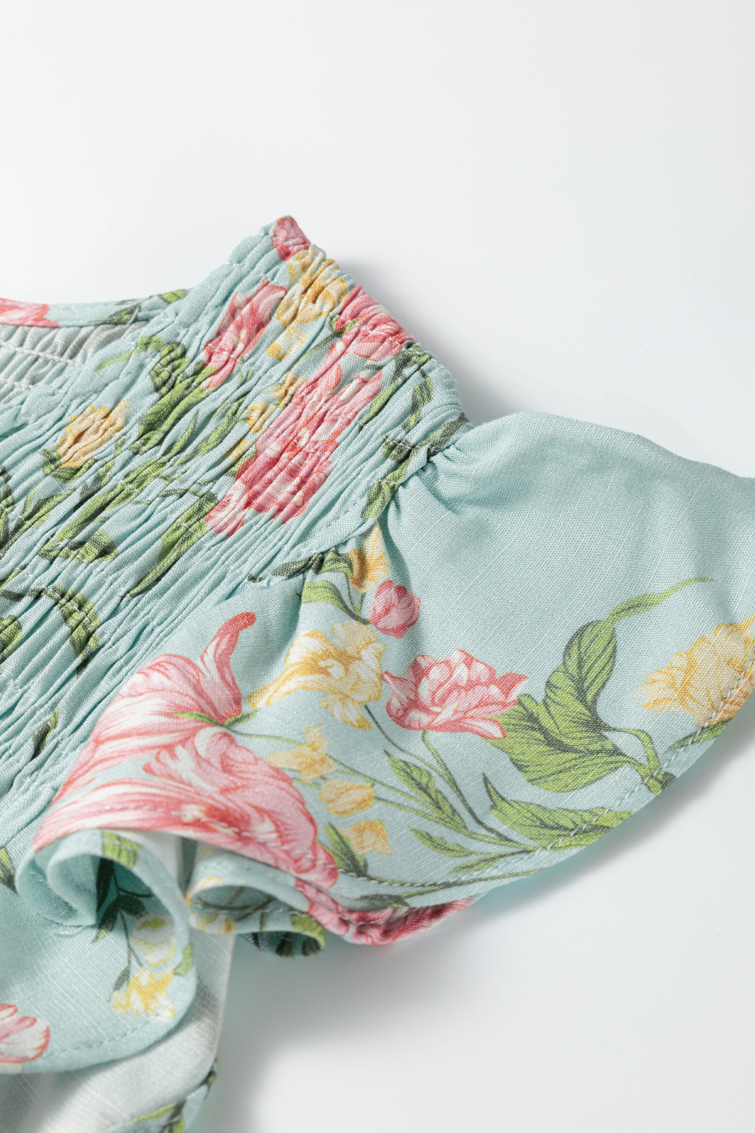 Smocked Shirred Bodice Ruffled Sleeveless Tiered Floral Maxi Dress