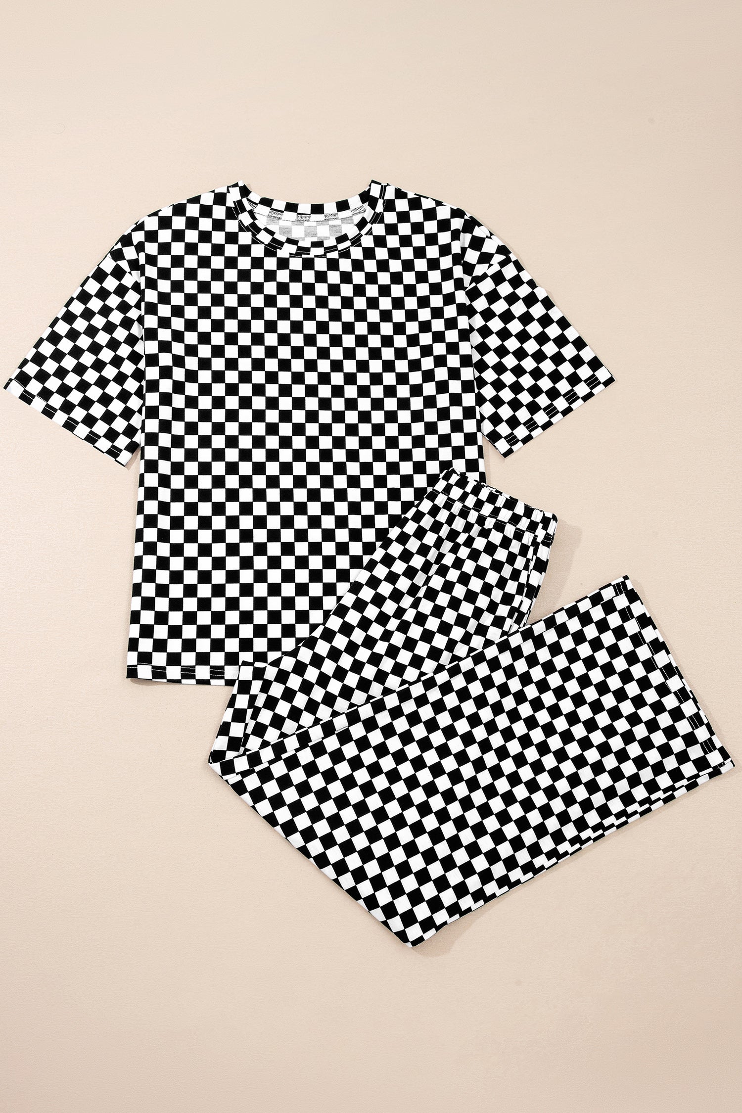 Checkered Print Half Sleeve Tee 2pcs Lounge Pant Set – Rose