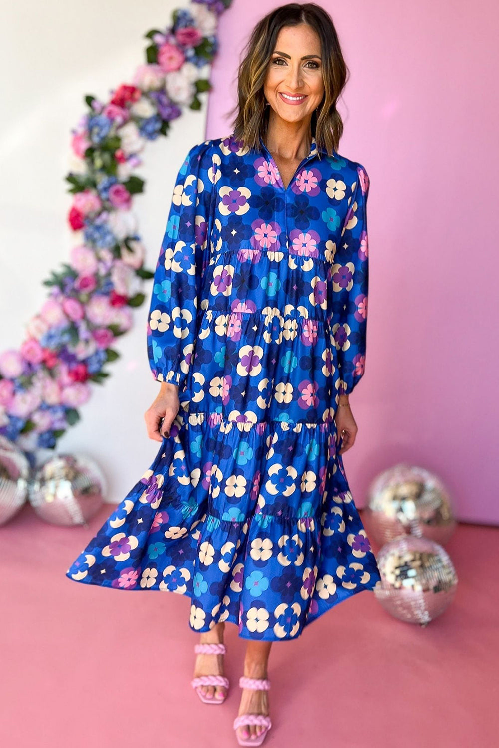 Blue Floral Peasant Sleeve Tiered Ruffle Midi Dress eAura