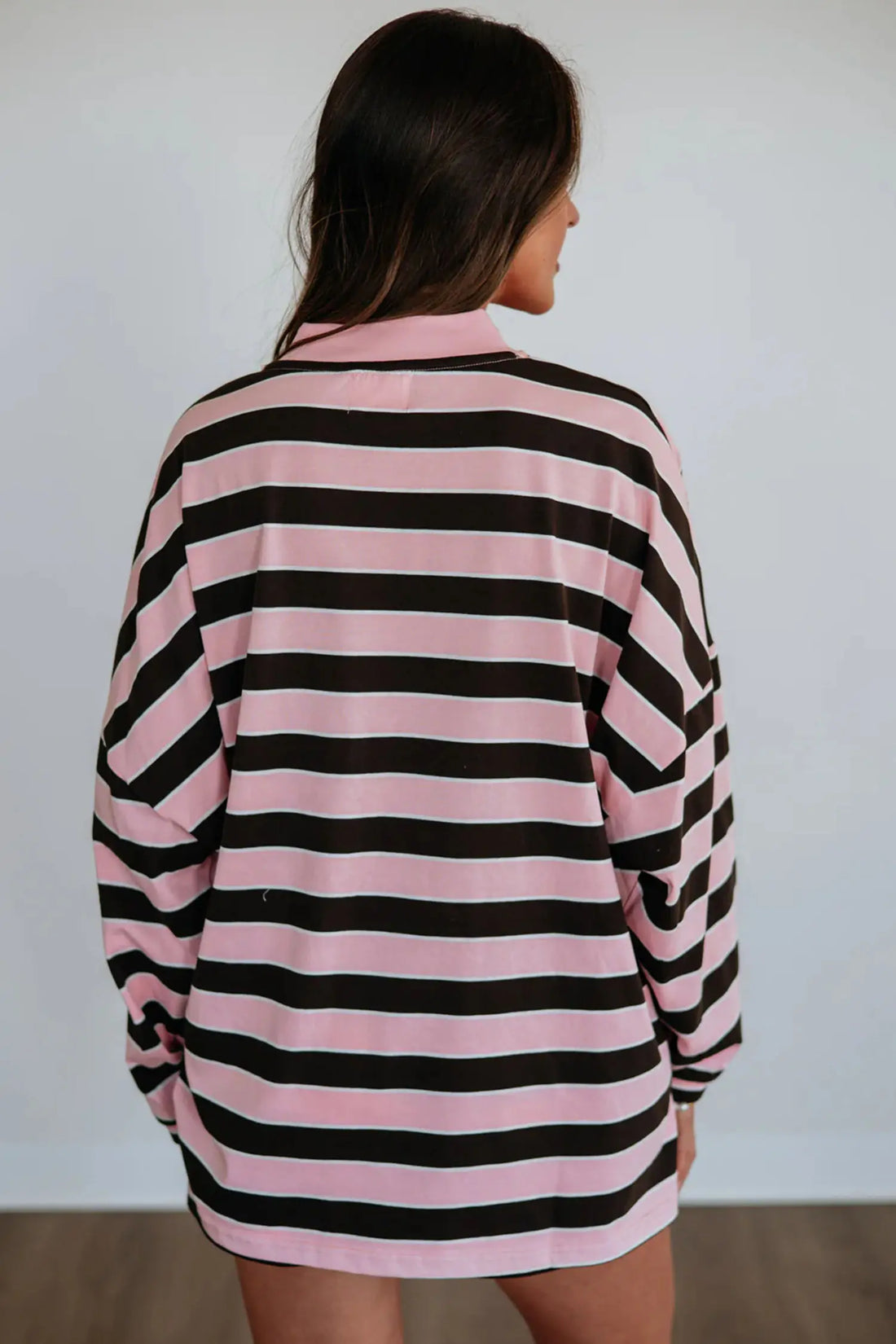 Pink Stripe Oversized Long Sleeve Top Elastic Waist Shorts Casual 2pcs Set