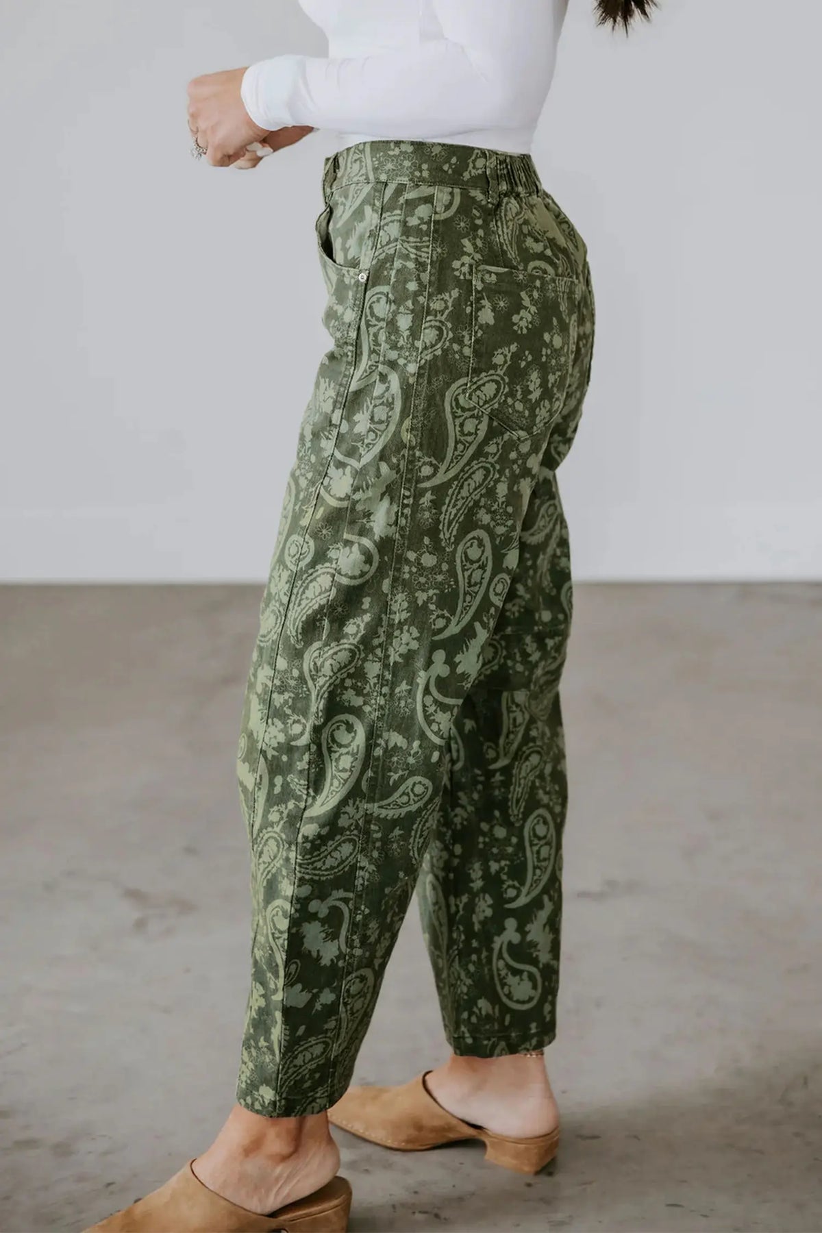 Paisley Print Harem Denim Pants – Green