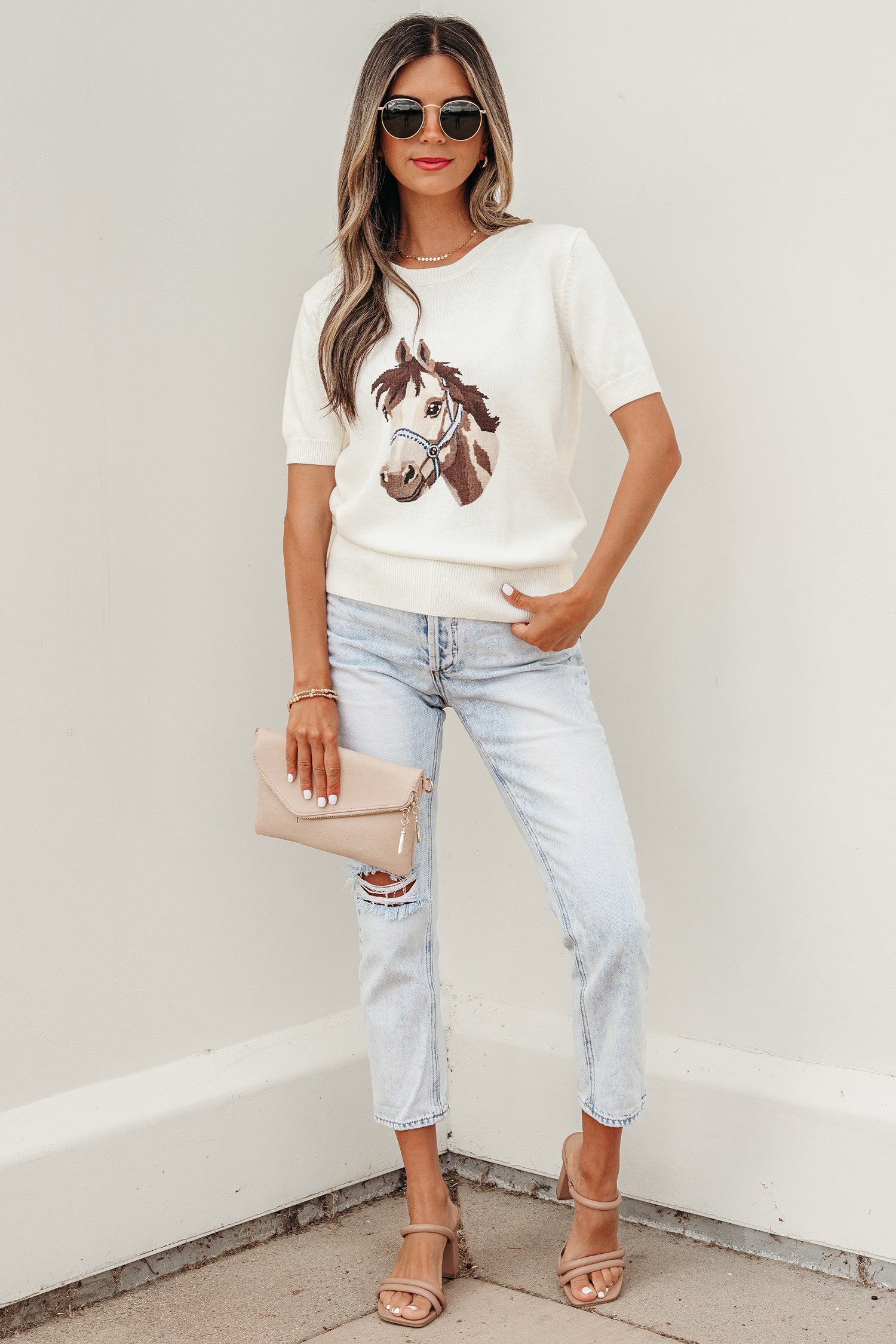 White Wild West Horse Head Print Short Sleeve Sweater