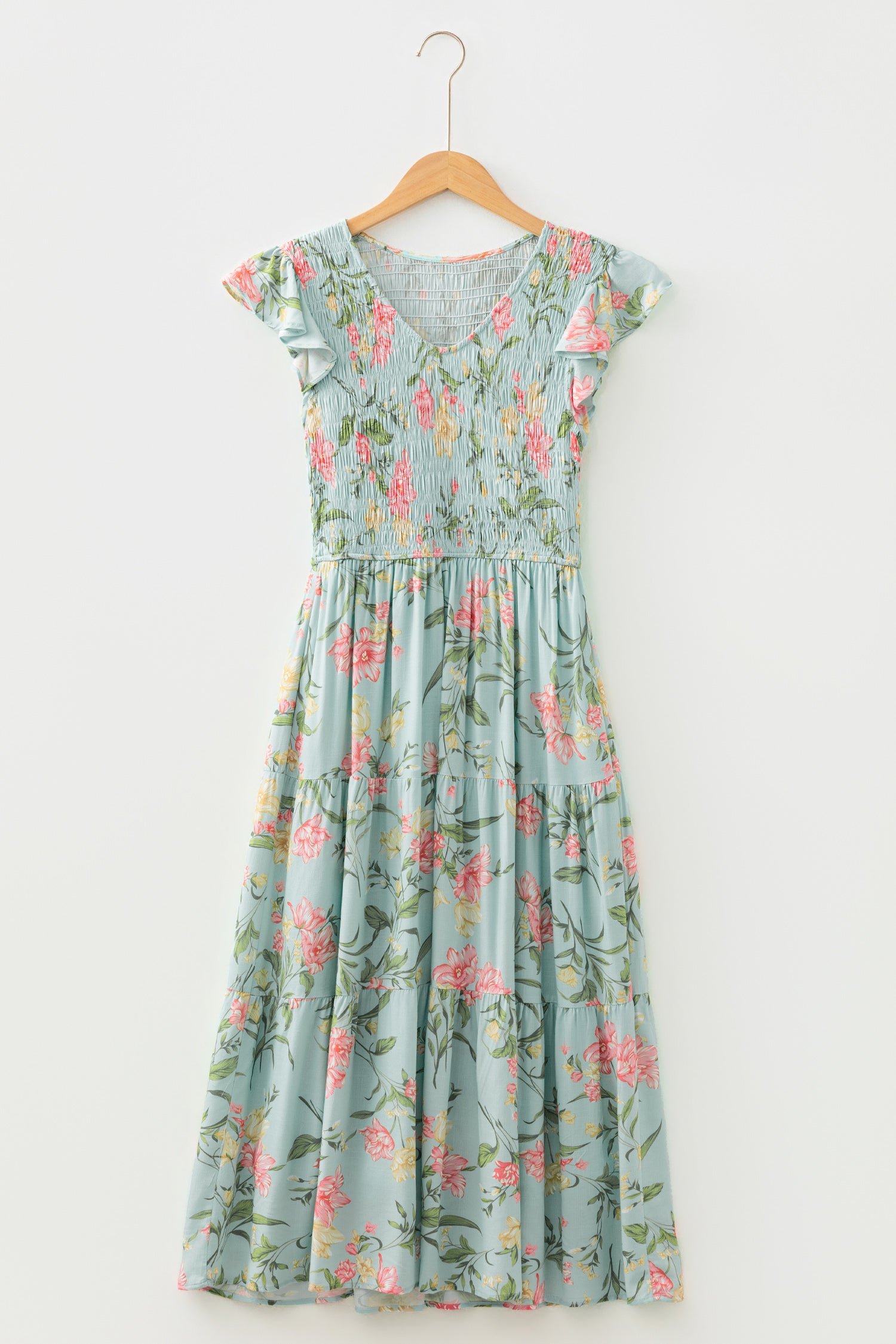 Smocked Shirred Bodice Ruffled Sleeveless Tiered Floral Maxi Dress