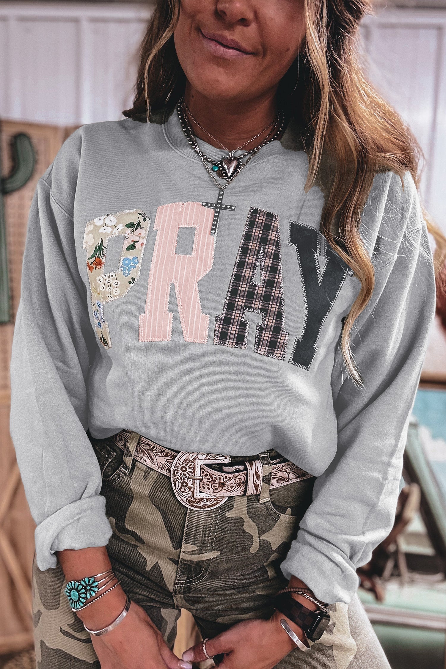 Floral Buffalo Plaid Striped Embroidered Patch Western Pullover Sweatshirt – Green Bay