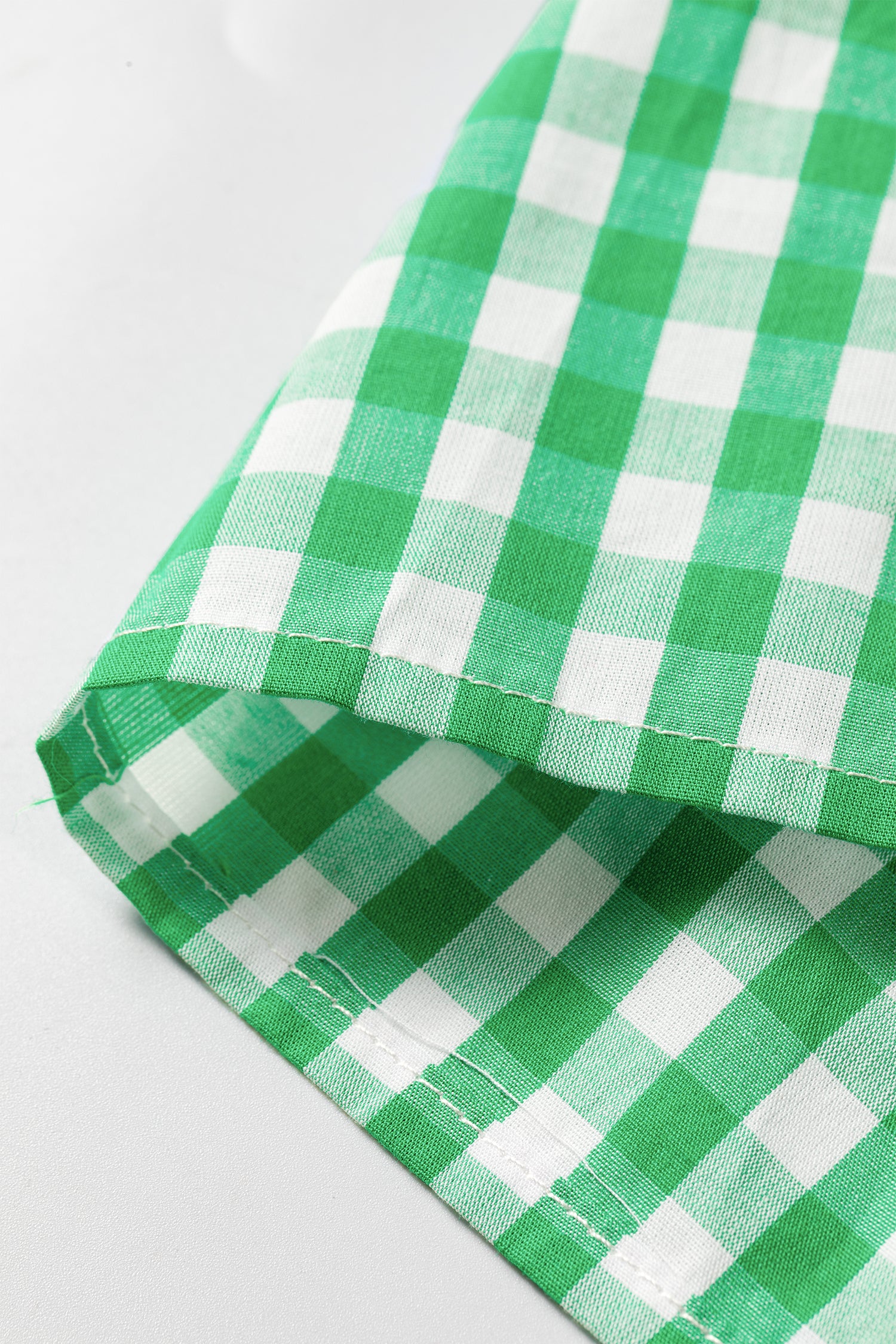 Gingham Plaid Bubble Sleeve Colorblock Trim V Neck Blouse – Green