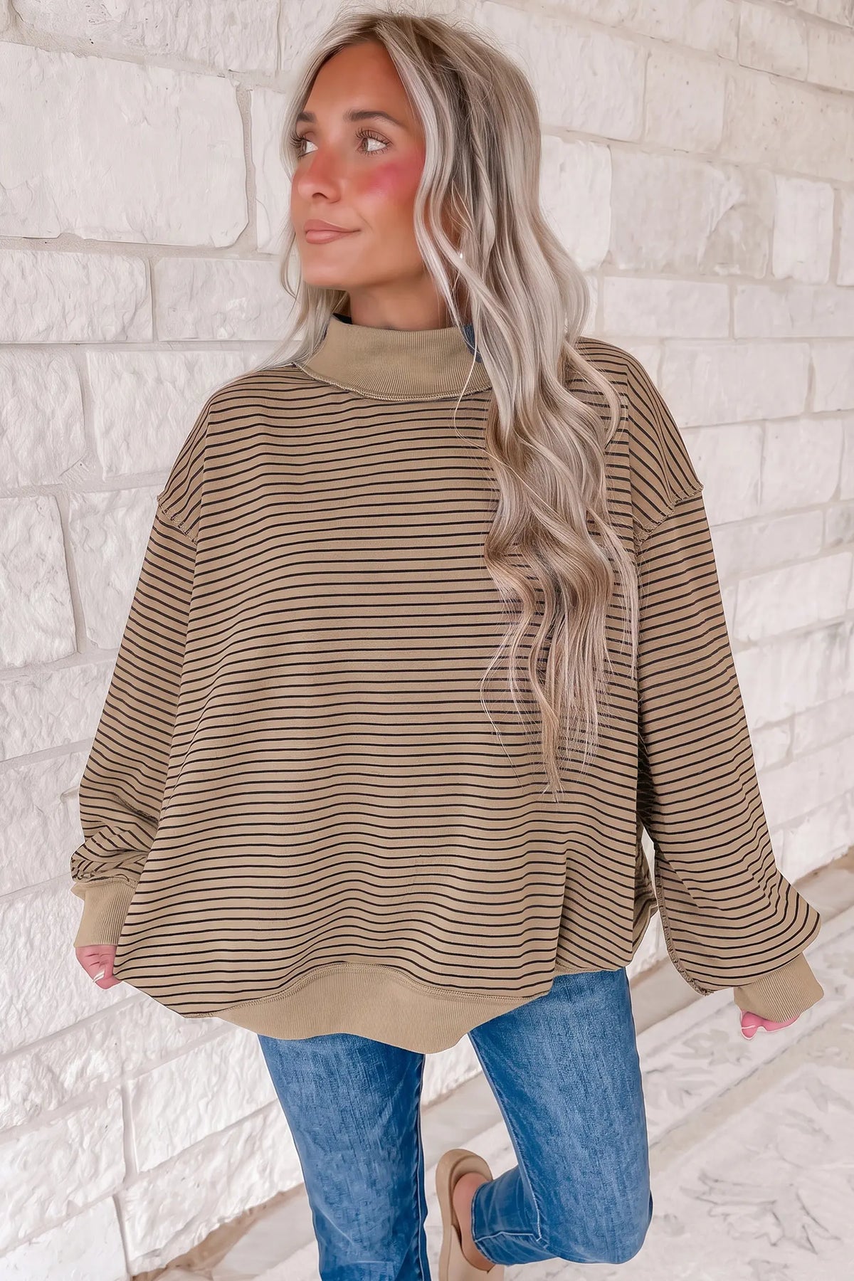 Oversized Sweatshirt with Mock Neck, Stripe Ribbed Colour Block