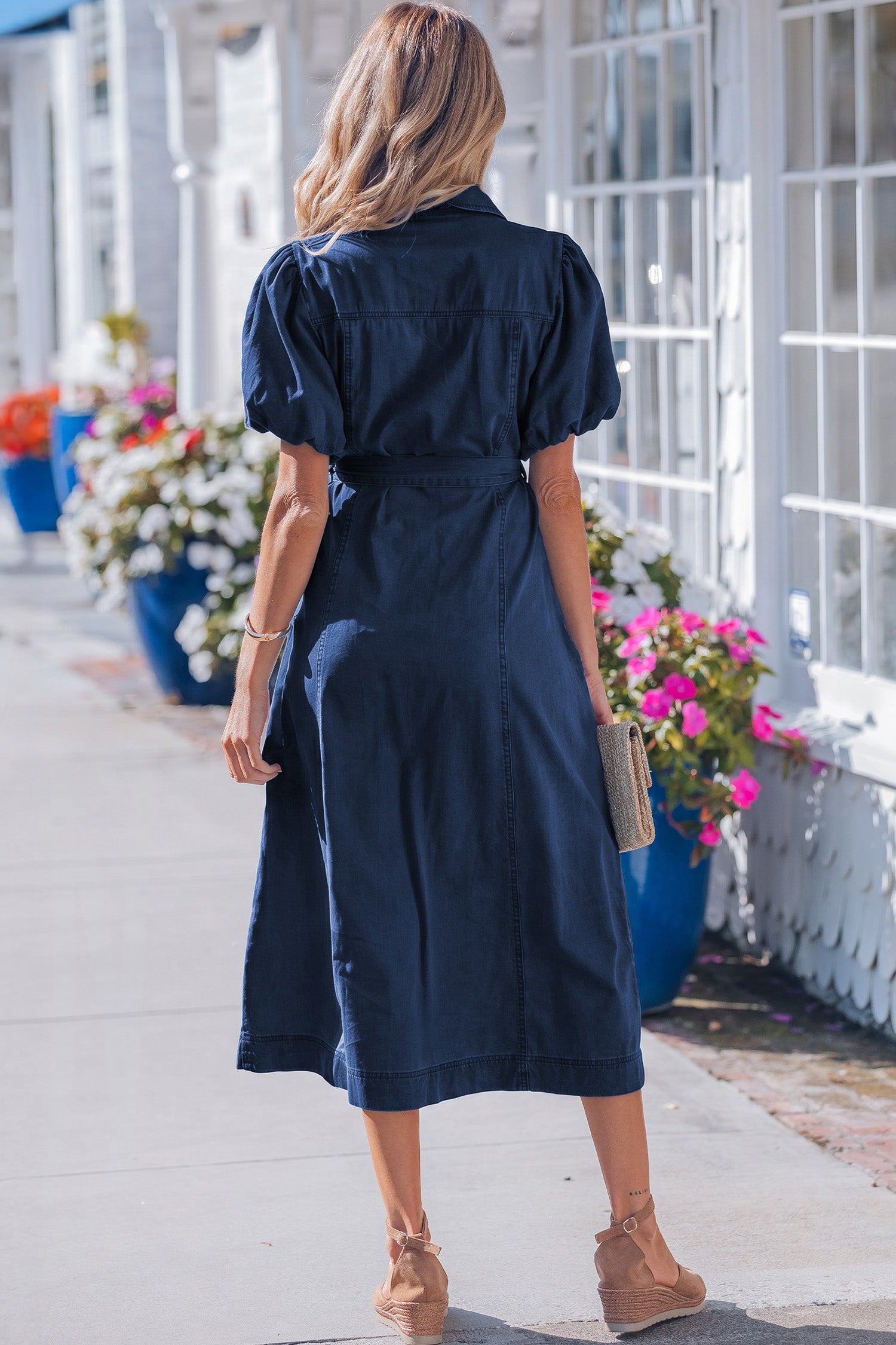 Full Button Collared Bubble Sleeve Long Denim Dress