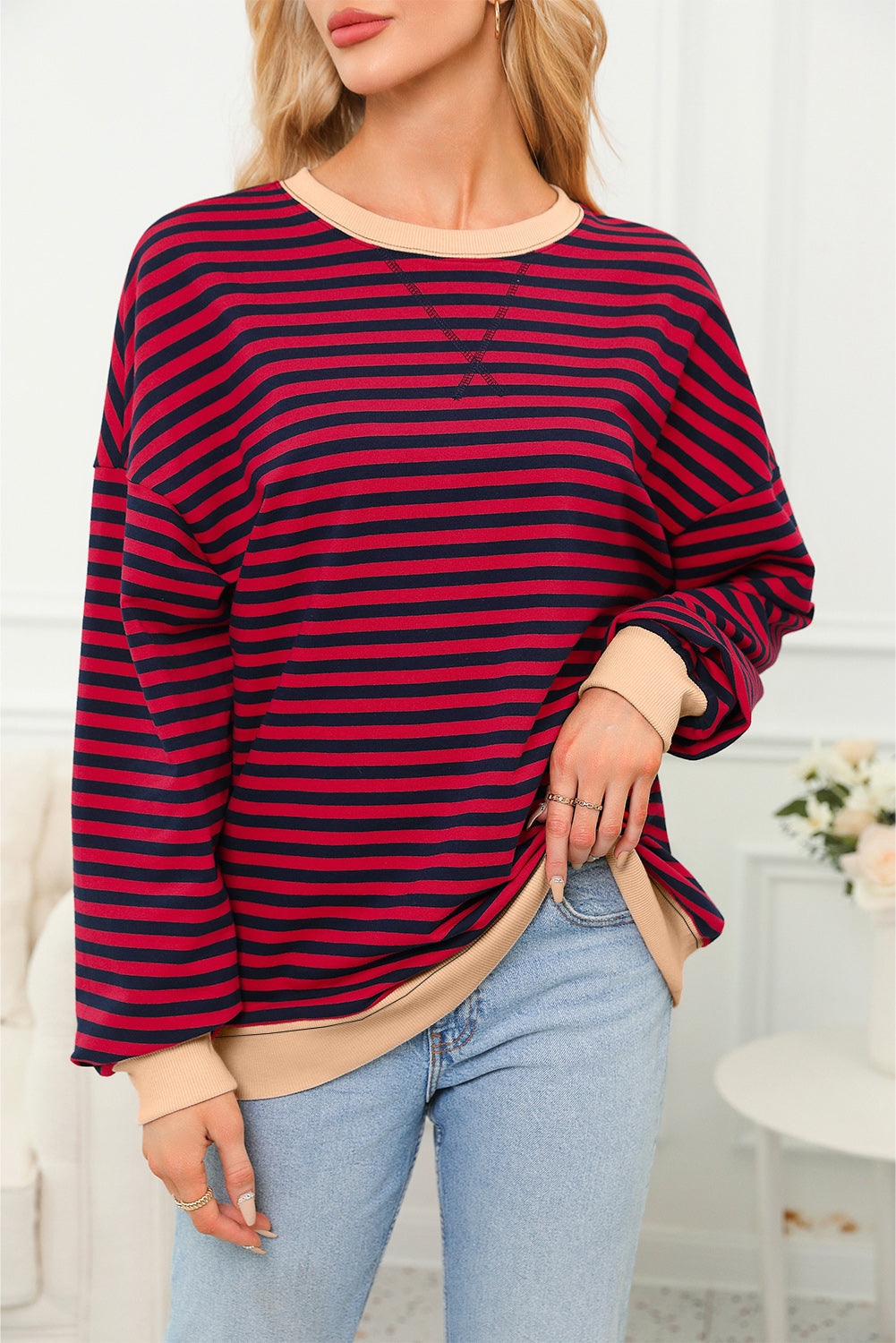 Striped Contrast Ribbed Trim Crossed Stitch Drop Shoulder Sweatshirt - eAura