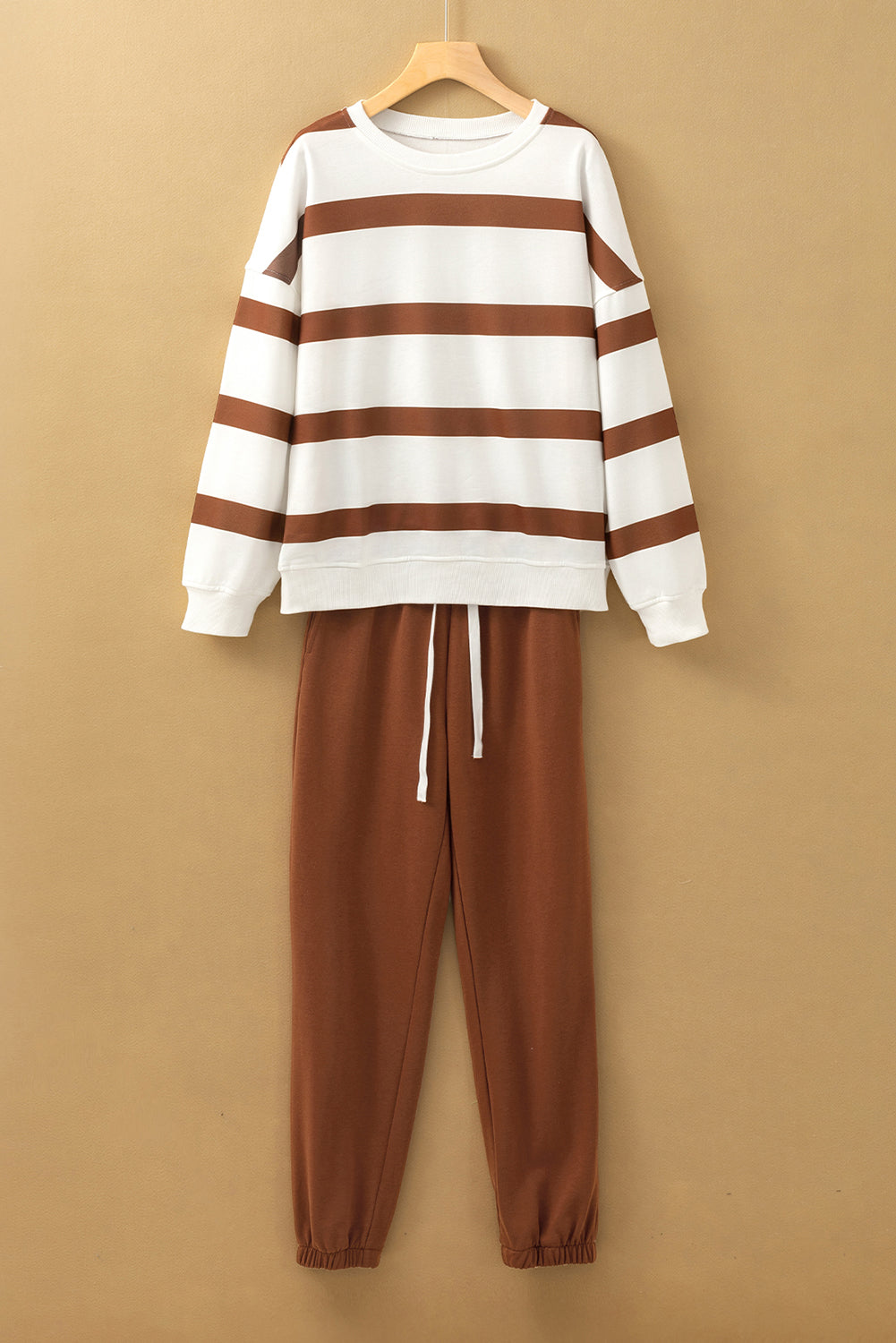 Brown Stripe Striped Drop Shoulder Pullover and Jogger Trousers Set eAura