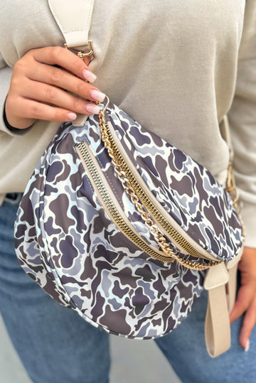 Camouflage Print Double Zipper Crossbody Bag – White