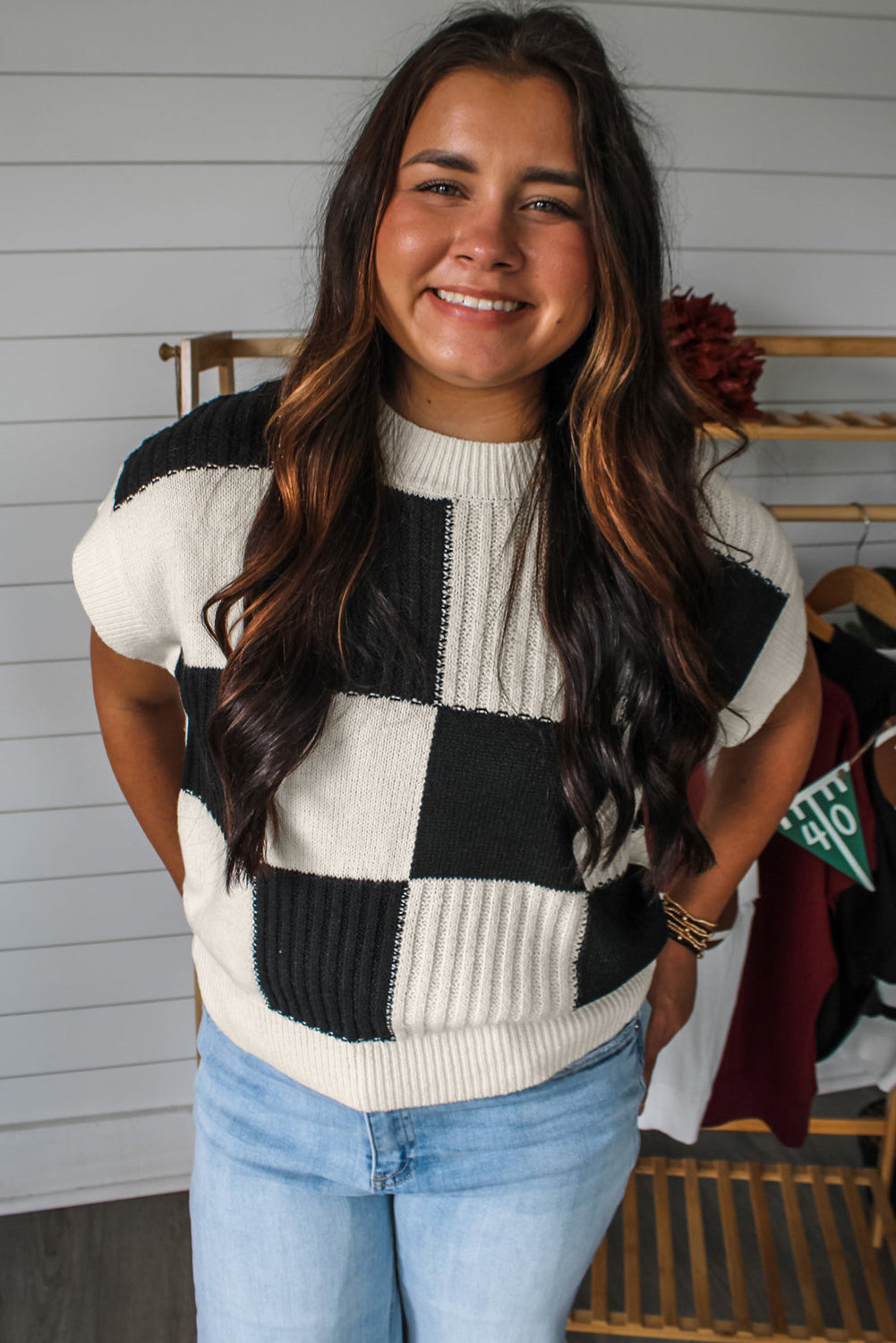 Black Checkered Colour Block Crew Neck Short Sleeve Sweater eAura