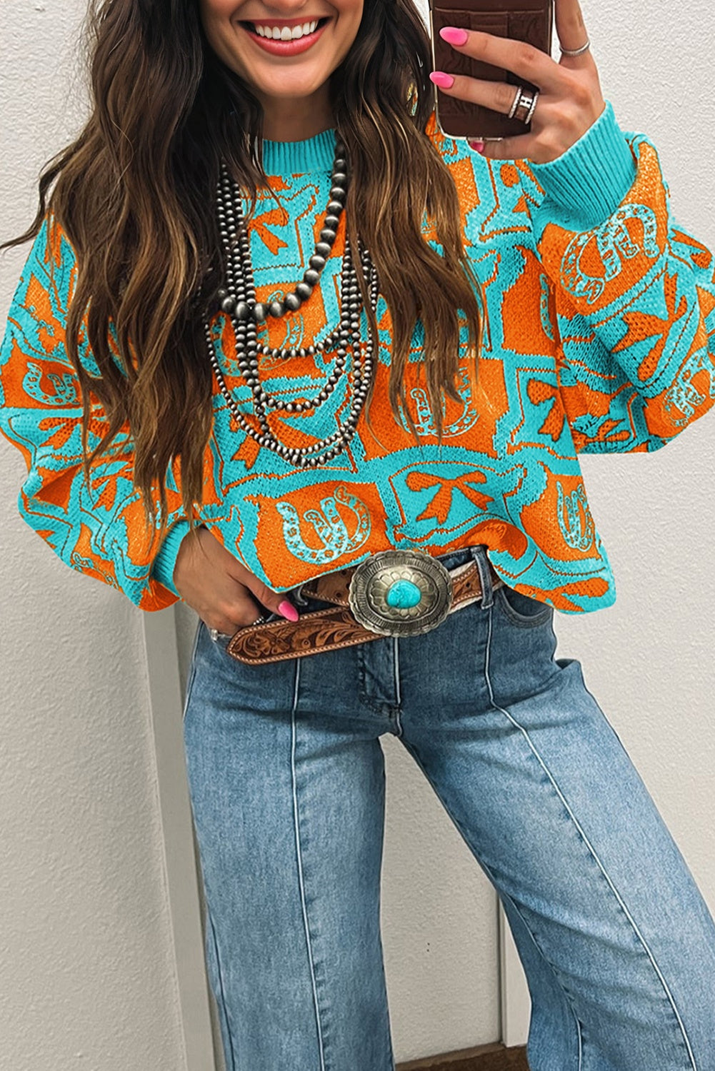 Bows & Horseshoes Pattern Western Fashion Print Sweater eAura