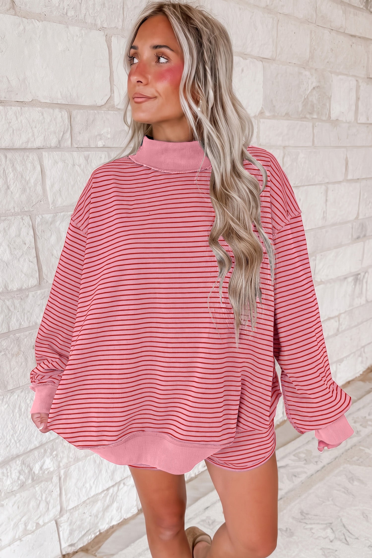 Ribbed Patchwork Mock Neck Baggy Pullover Matching Shorts Set – Blue Stripe