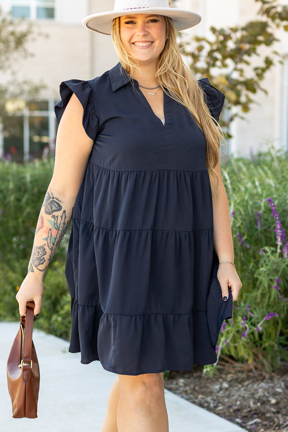 Navy Blue Collared V Neck Flutter Sleeve Tiered Plus Size Dress BB Fashion Outlet
