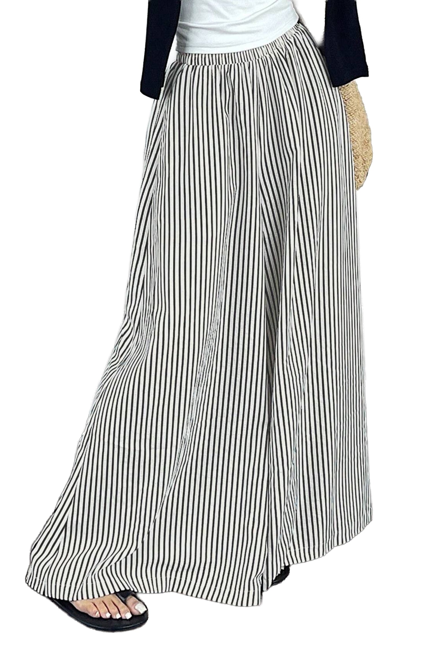 Black Stripe Ultra Wide Leg Trousers – Elastic Waist