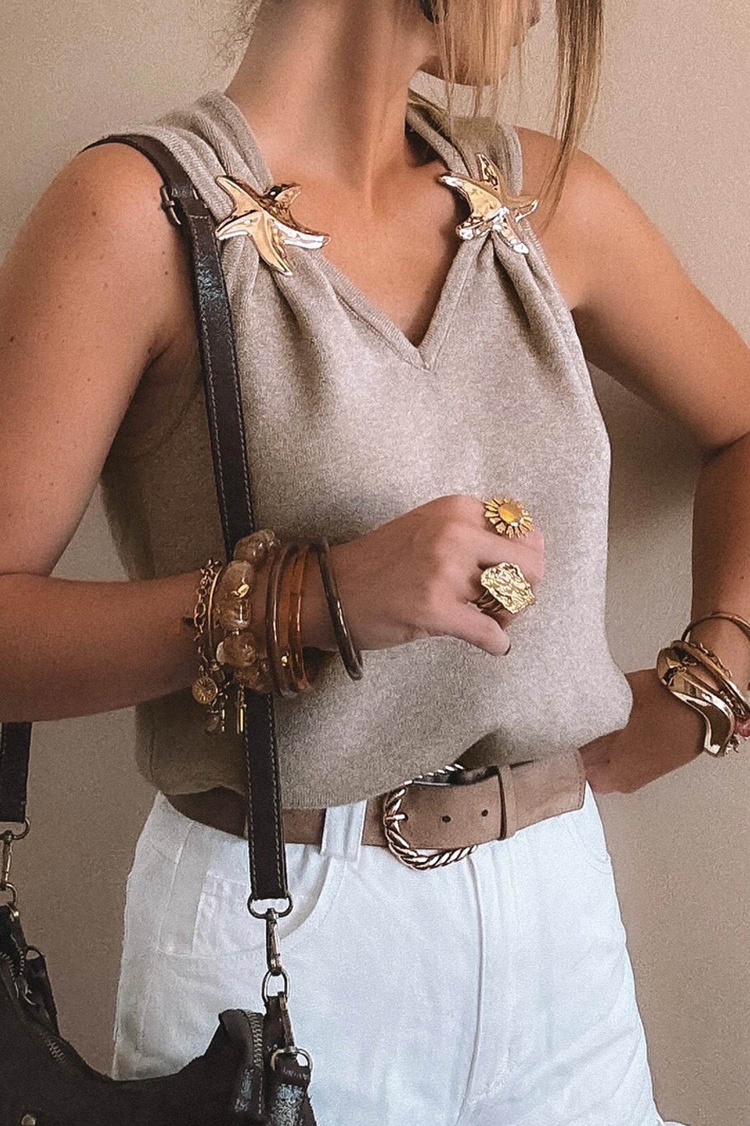 Taupe Metallic Star Detail V-Neck Sweater Knit Tank Top