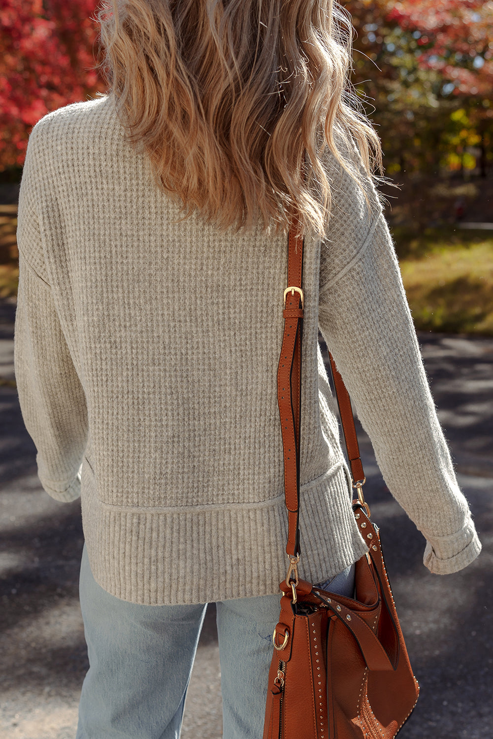 Gray Morn Waffle Texture Knit Ribbed High Neck Drop Shoulder Sweater - eAura