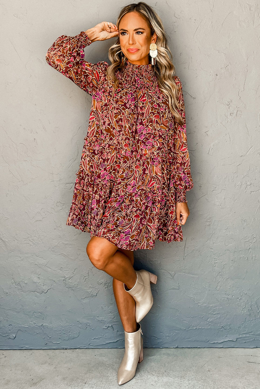 Floral Print Long Sleeve Shirred High Neck Loose Mini Dress - eAura